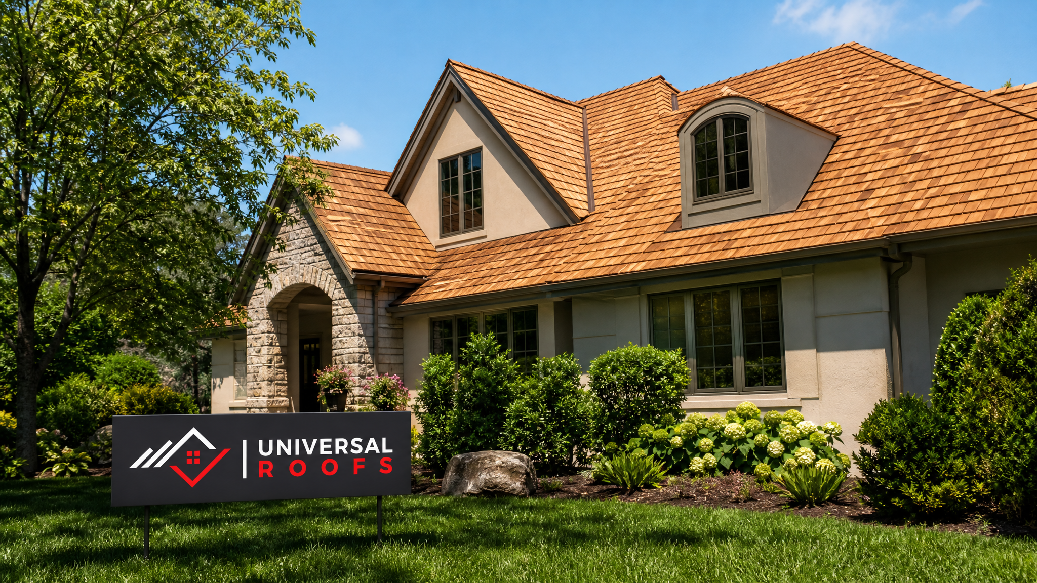 A beautifully restored cedar wood shake roof on a Toronto area home in summer daylight