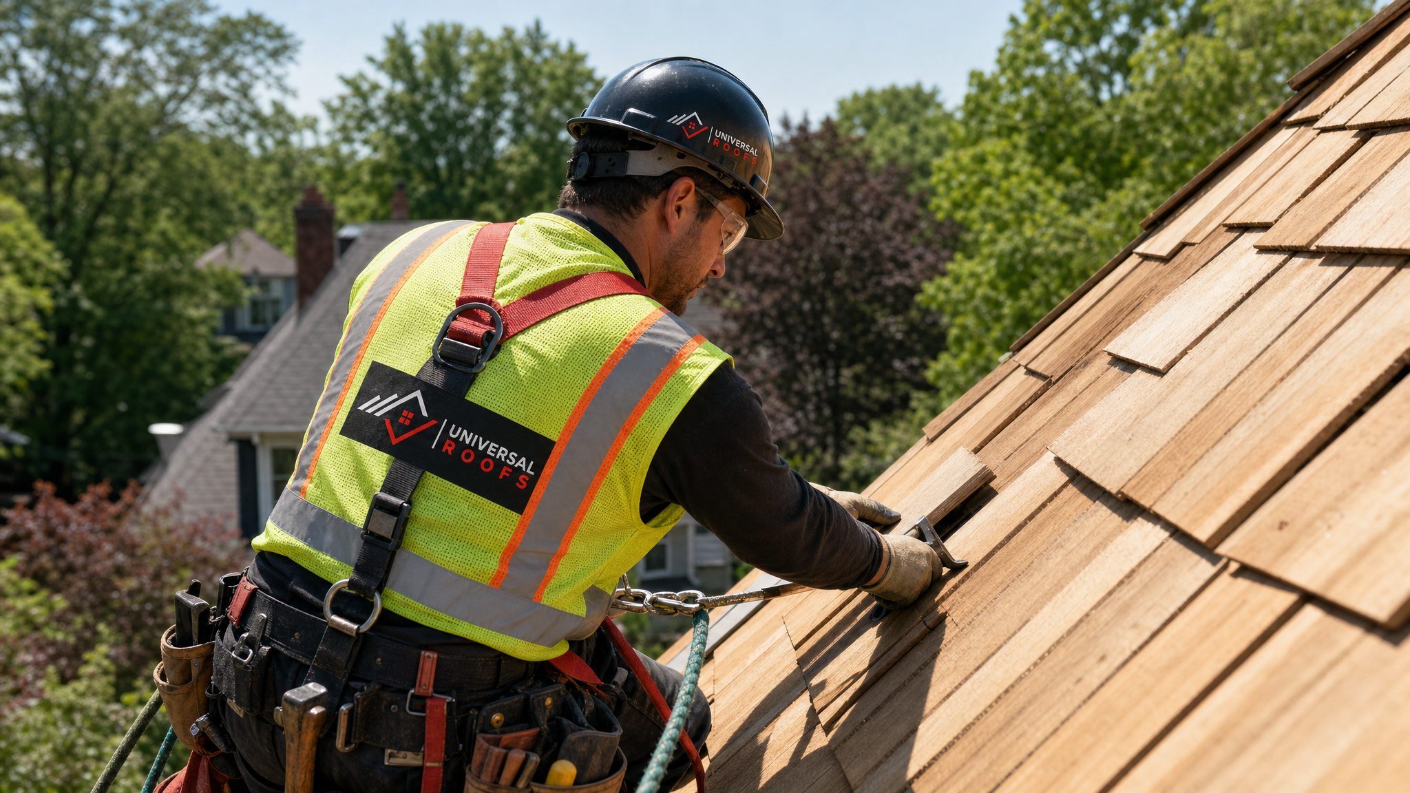 A roofer wearing full safety harness and PPE replacing individual cedar shakes on a sloped roof