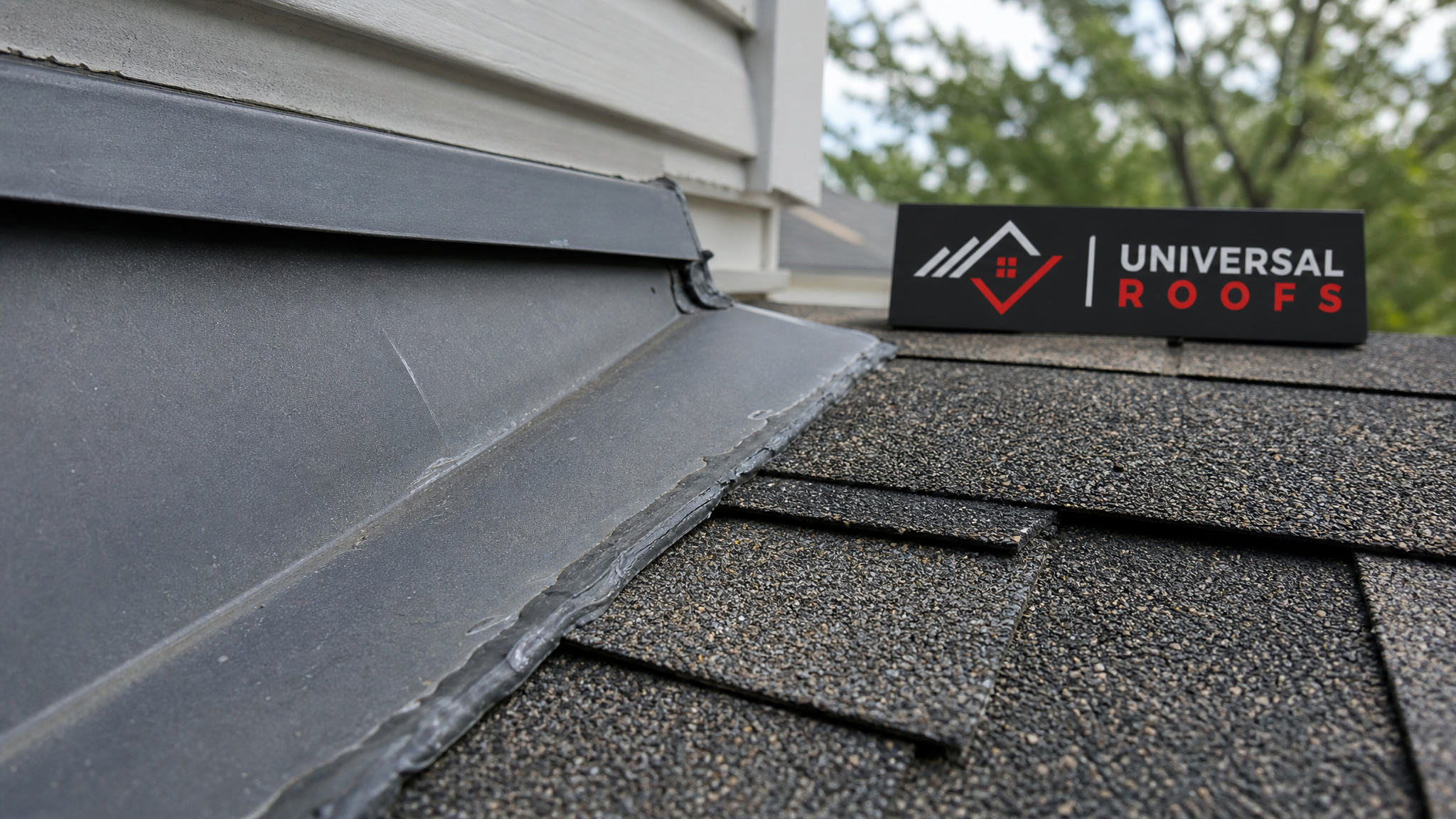 Close-up detail of roof flashing and shingle edge being examined during a maintenance inspection with a branded sign placard nearby