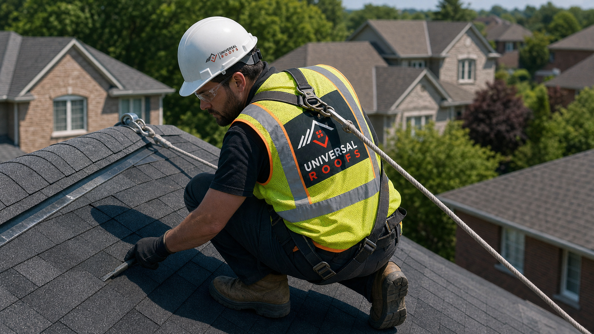 A roofing professional wearing full safety harness and PPE inspecting shingles on a sloped residential roof in Toronto
