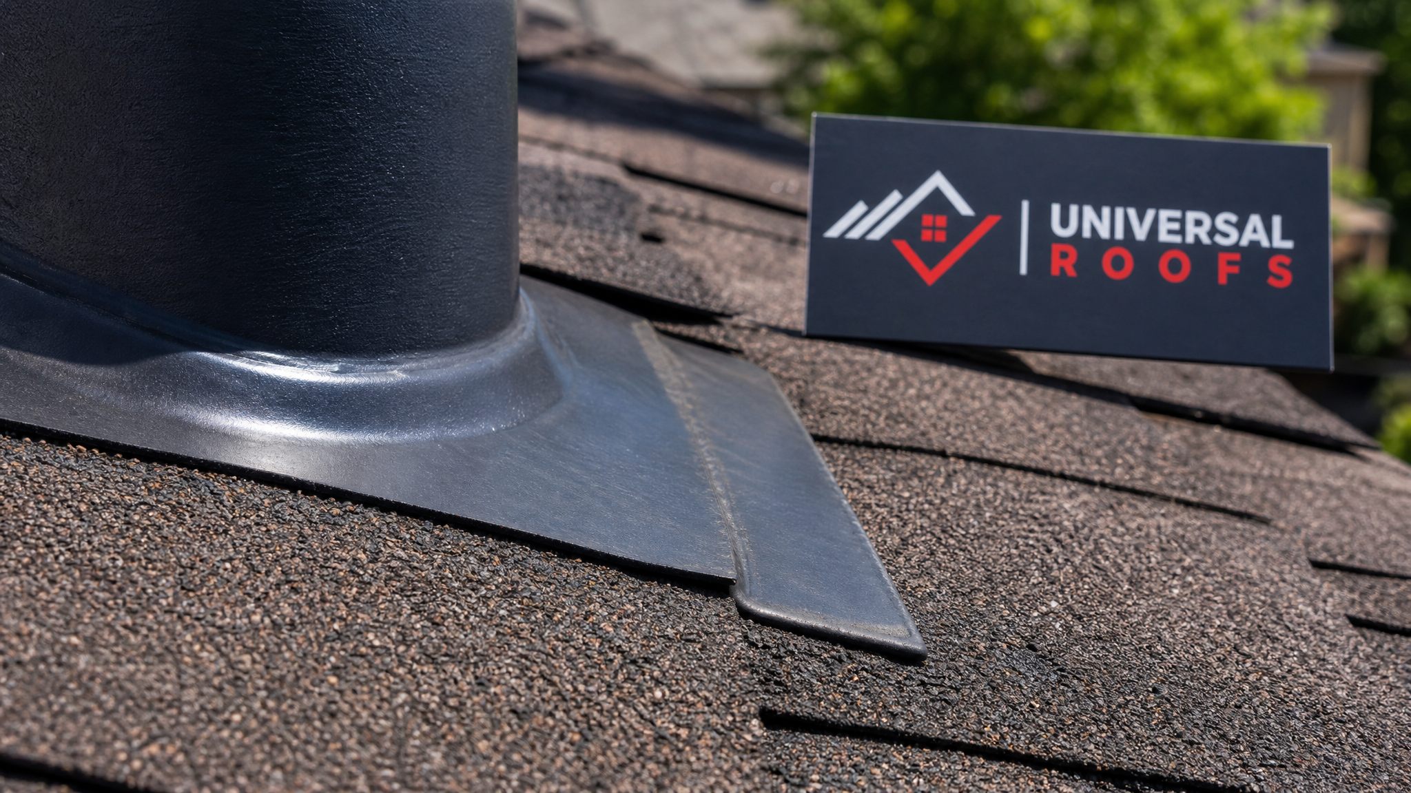 Close-up detail of roof shingle flashing and mounting point being evaluated for solar panel racking compatibility with a Universal Roofs branded sign placard nearby