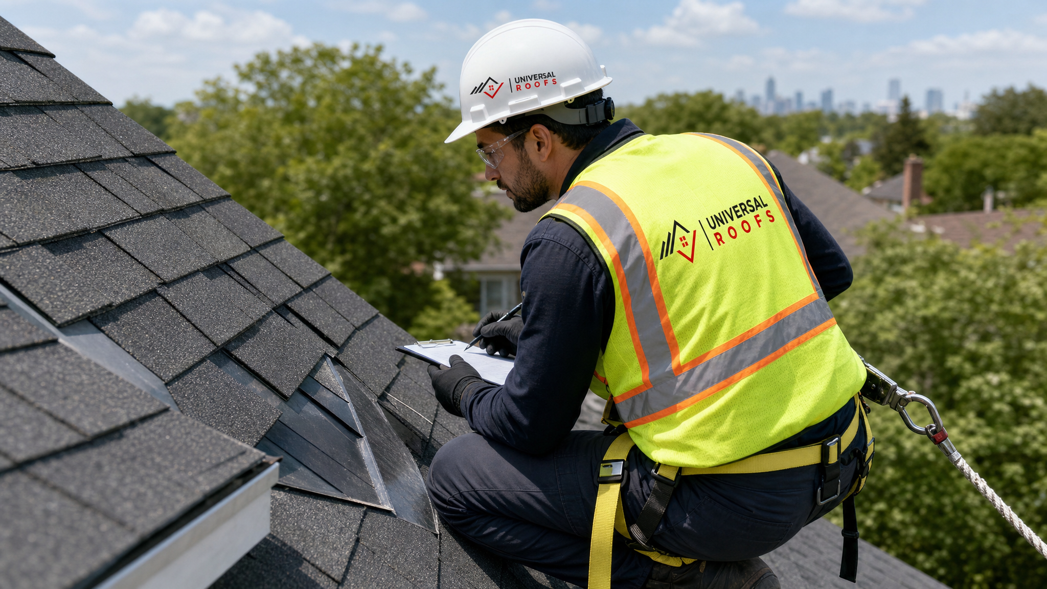 Roofing inspector wearing hard hat, safety glasses, hi-vis vest, and fall protection harness examining roof deck and flashing before solar panel installation on a Toronto home