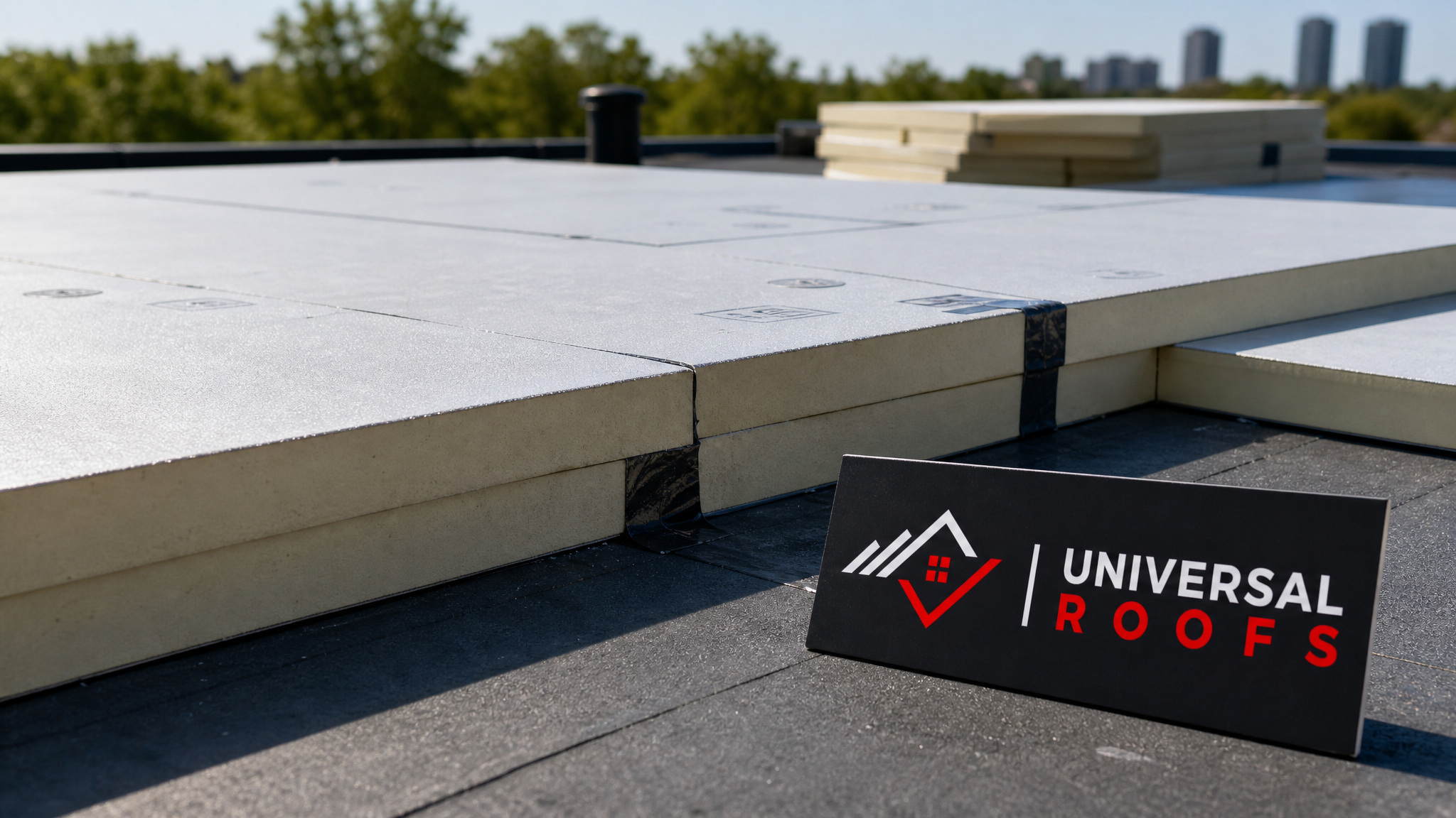 Close-up detail of layered rigid foam board insulation panels with visible seams on a flat roof in Toronto