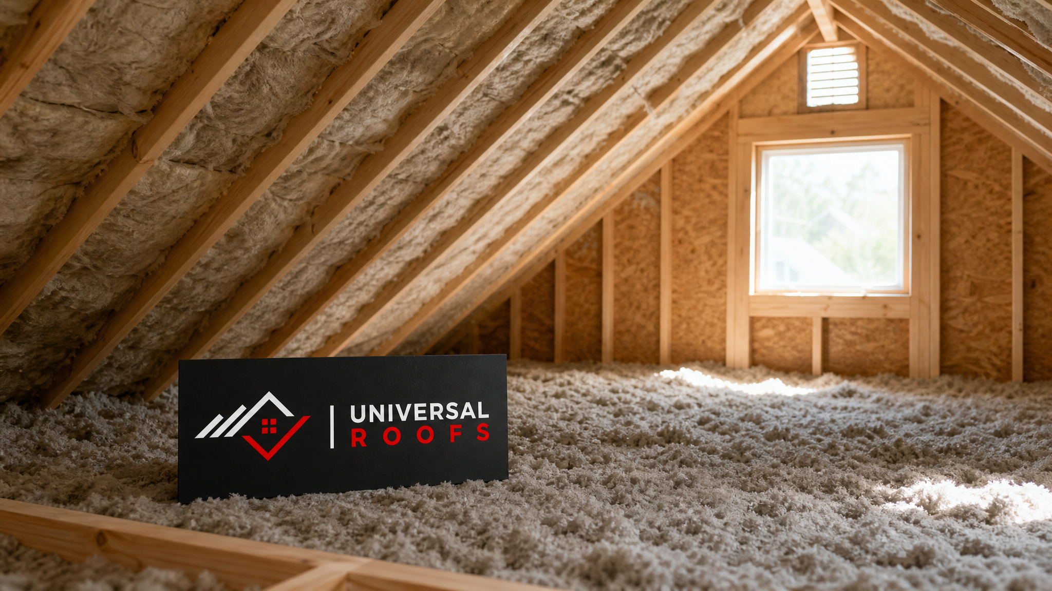 Well-insulated bright attic space in a Toronto home showing energy-efficient roof insulation installed between rafters