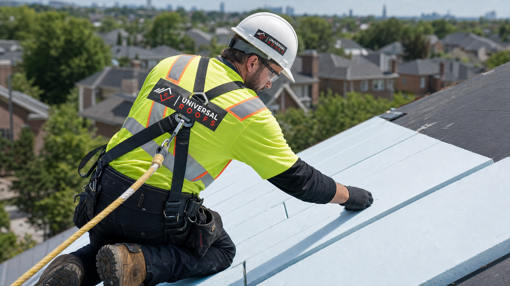 Roofing technician wearing full safety harness and PPE installing rigid foam board insulation on a roof deck in Toronto