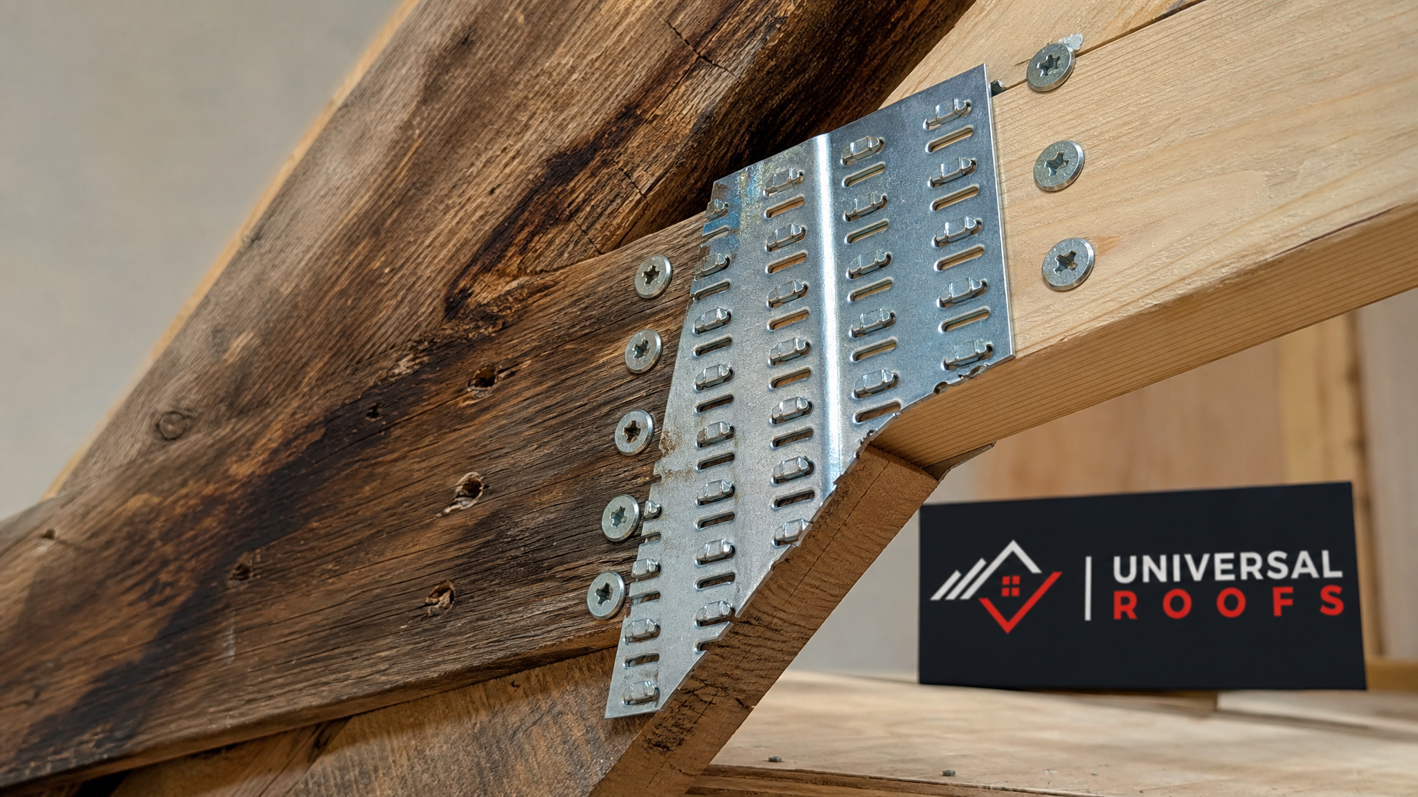 Close-up of a newly sistered wood truss chord with structural screws and a fresh galvanized steel gusset plate, a small branded Universal Roofs sign placard nearby