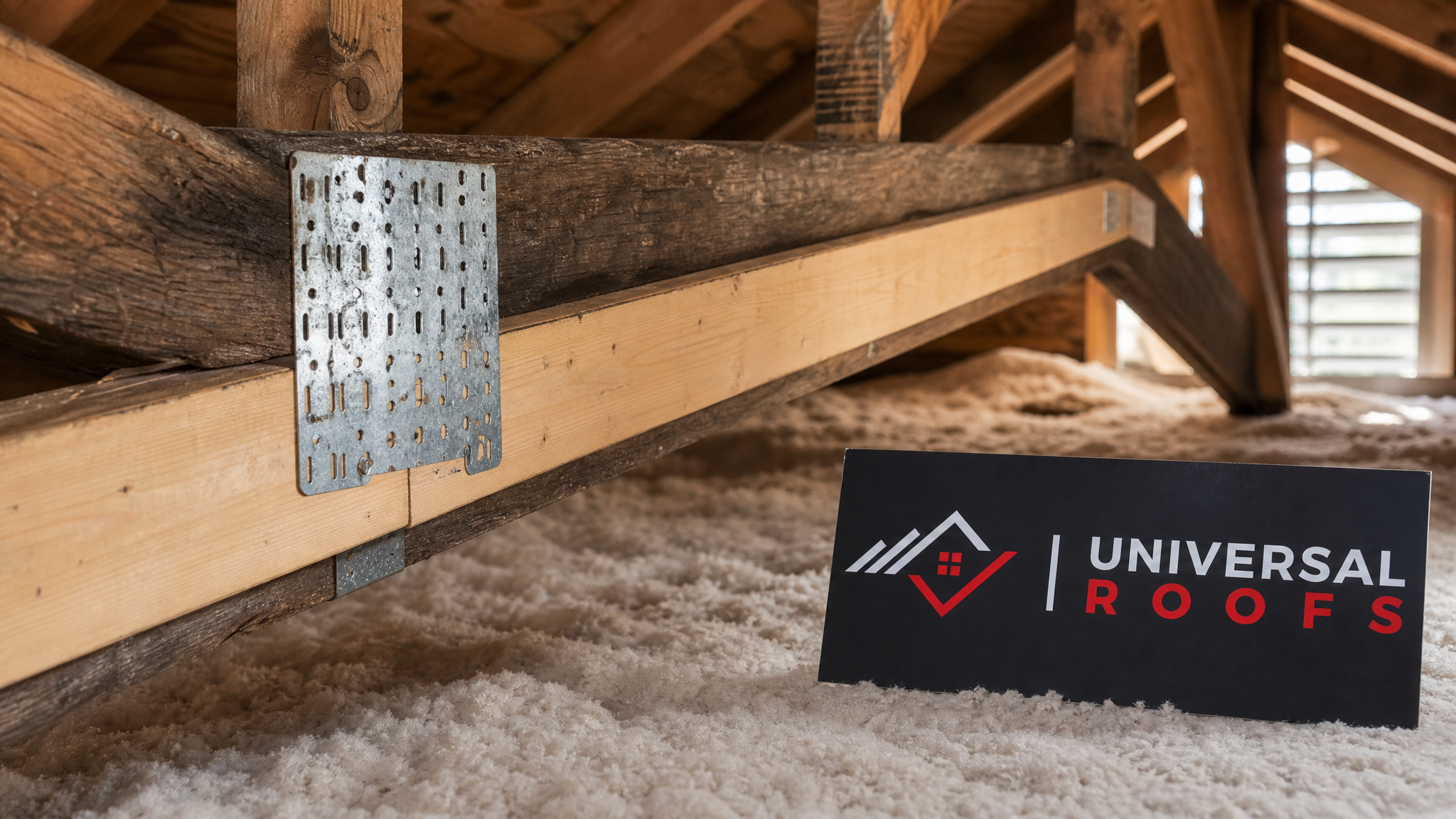 A restored wood roof truss system in a Toronto attic showing sistered lumber, new steel gusset plates, and clean reinforced connections in summer daylight