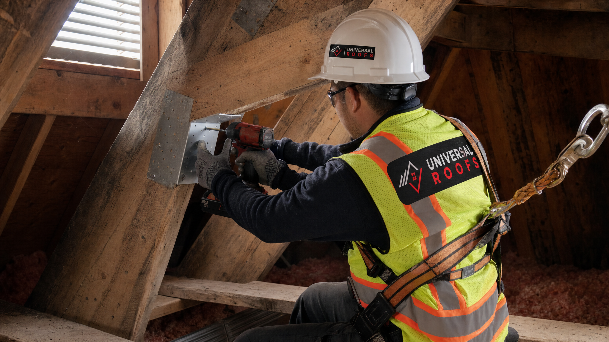 A roofing technician wearing a hard hat, high-visibility vest, safety glasses, gloves, and a fall-protection harness installing a steel gusset plate on an aging roof truss in a Toronto attic