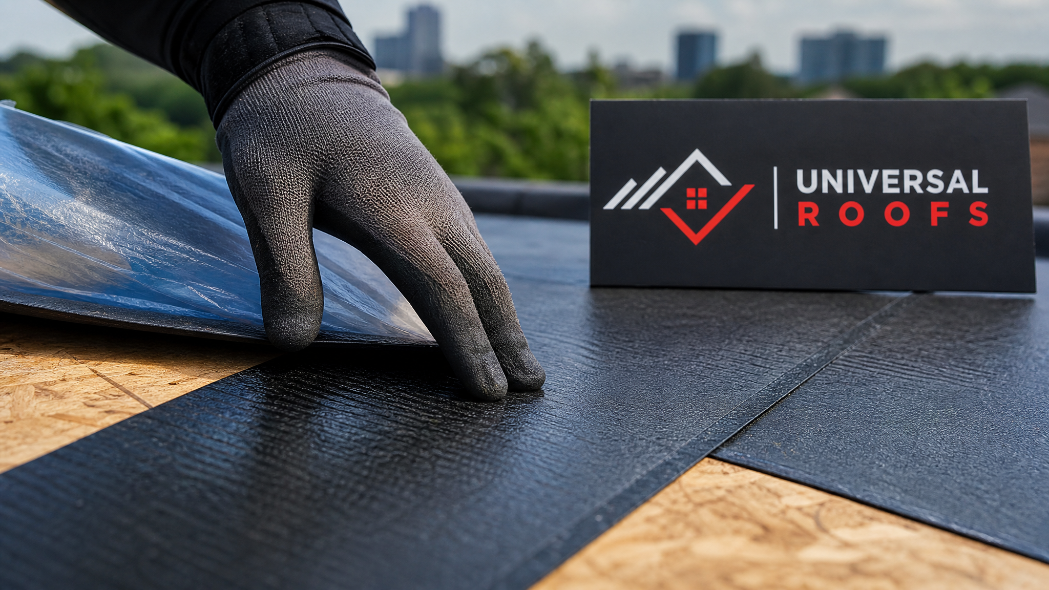 Close-up of a self-adhering ice and water shield membrane being applied to a roof deck with a branded sign nearby