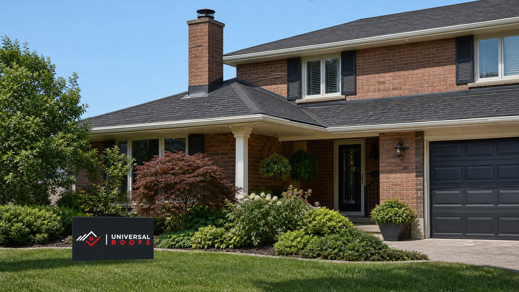 A weatherproofed asphalt shingle roof on a Toronto home under clear summer sky with sealed flashing and clean gutters
