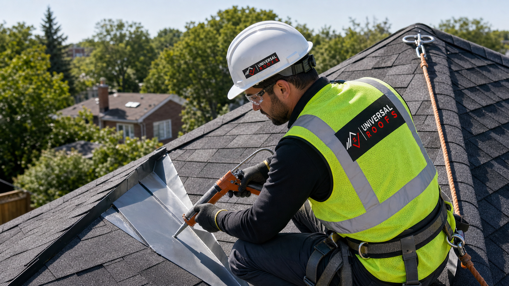 Roofer wearing full safety harness and PPE sealing flashing at a roof valley on a Toronto home in summer daylight