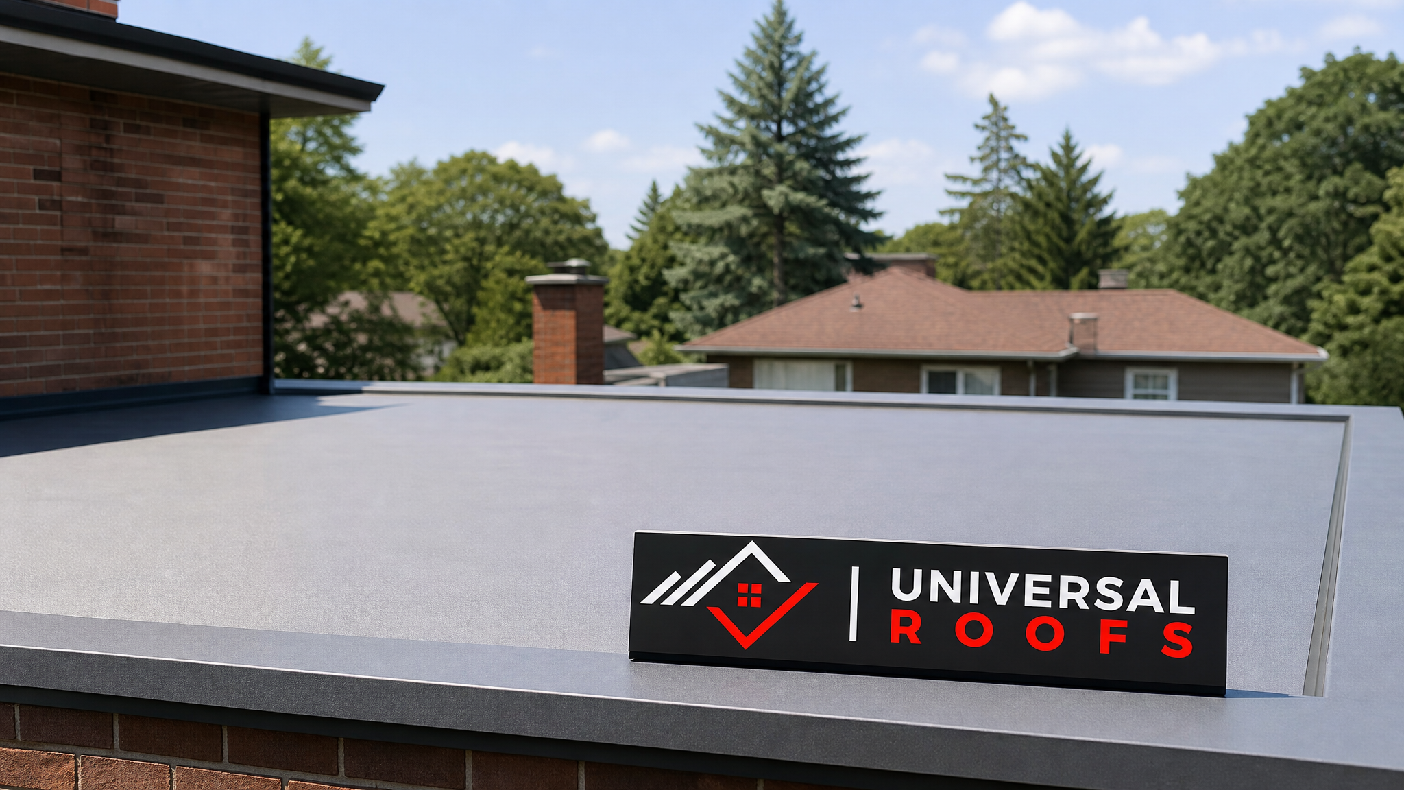 Finished flat roof repair on a Toronto home showing a clean, sealed membrane surface in summer daylight