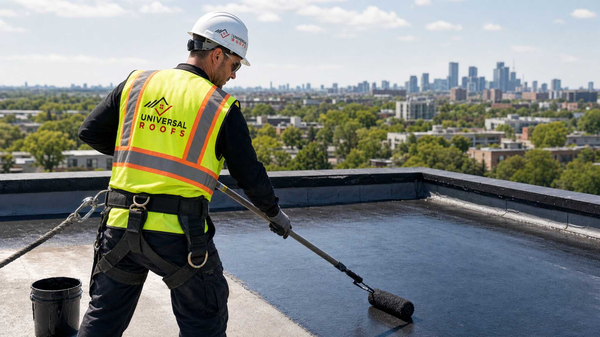 Roofer applying a liquid membrane coating to a flat roof while wearing full safety harness and PPE