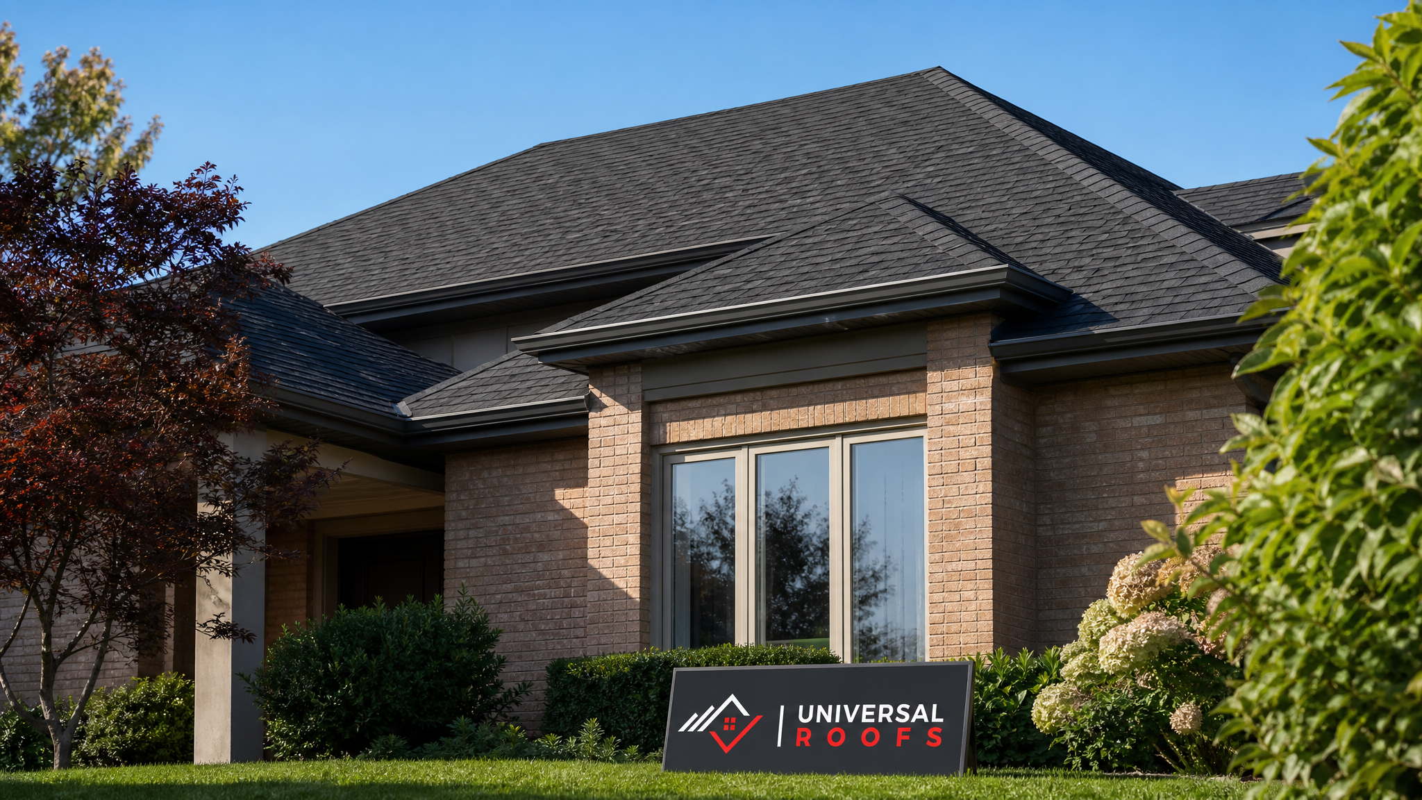 Repaired asphalt shingle roof on a Toronto home after hail damage inspection and repair, shown in summer daylight with a Universal Roofs sign placard nearby