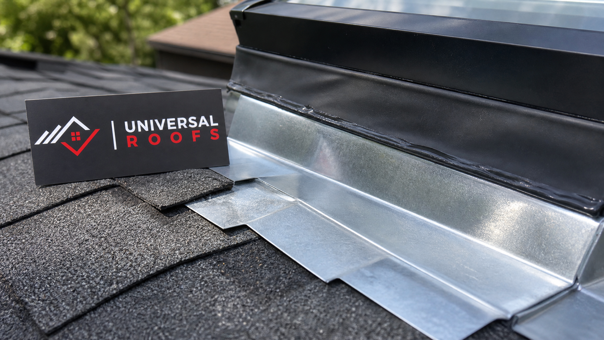 Close-up of new step flashing and rubber boot seal around a skylight curb on a residential roof
