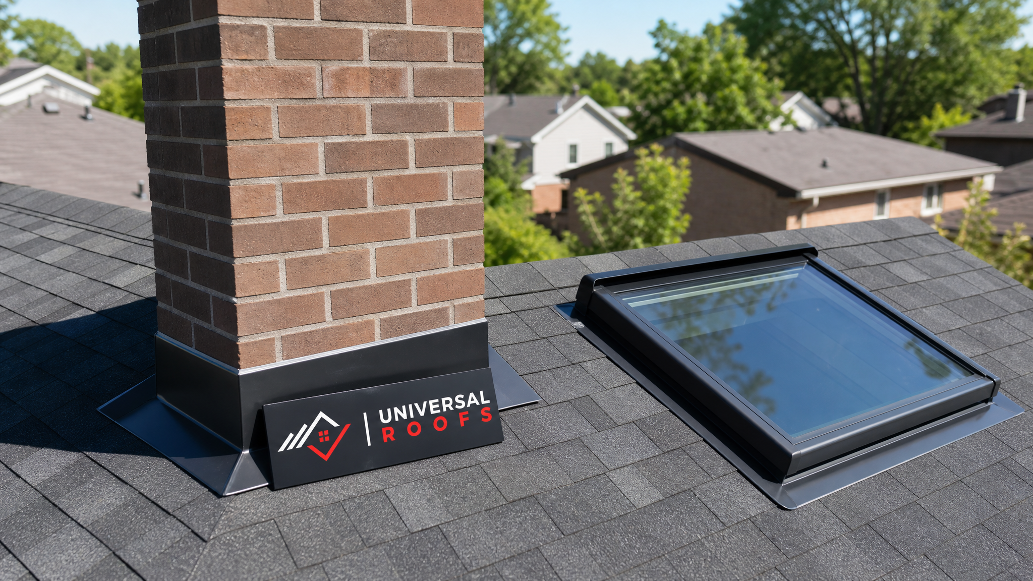 Newly waterproofed chimney and skylight on a Toronto home roof with dry, sealed flashing on a sunny summer day