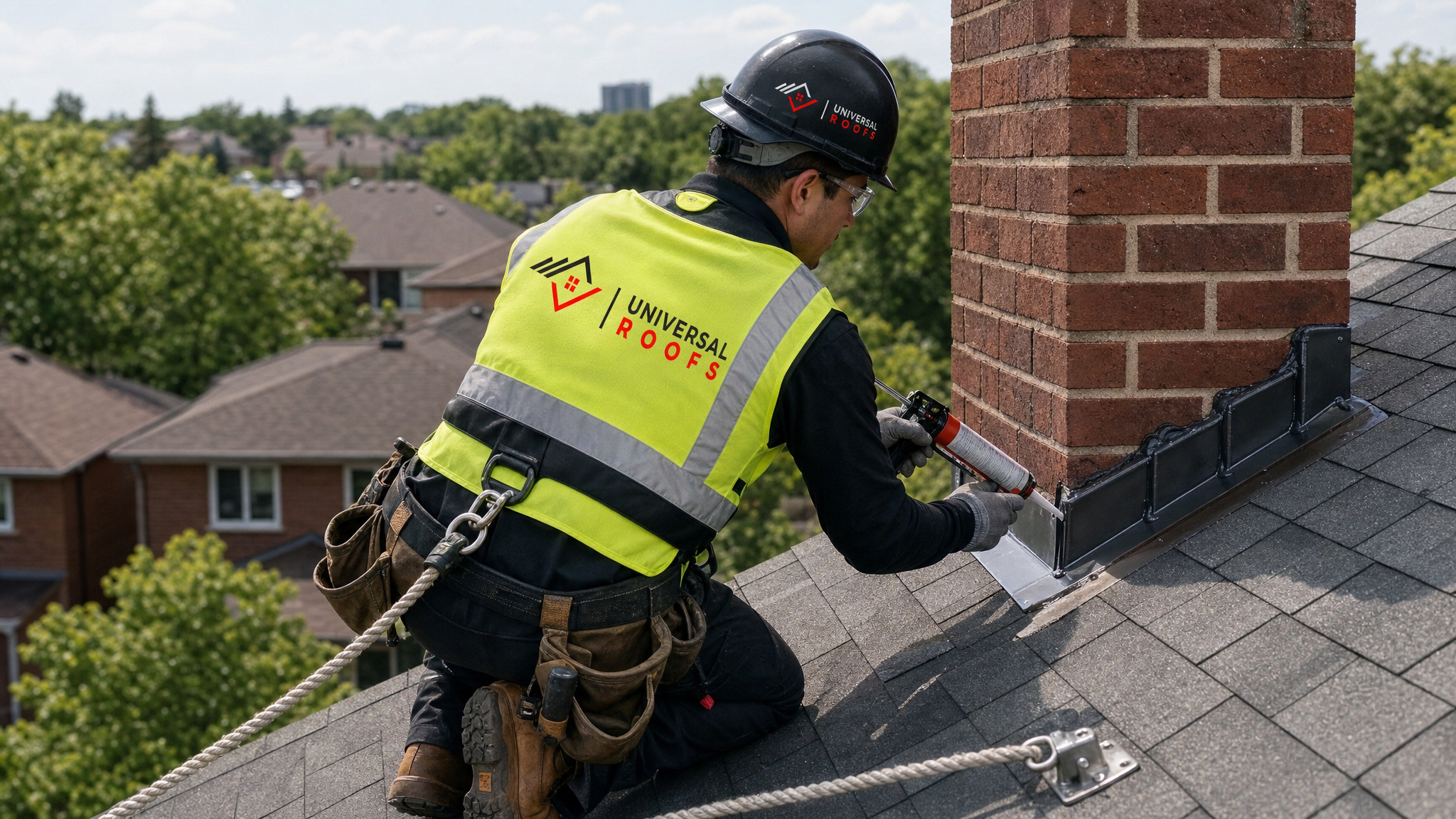 Roofer wearing full safety harness applying flashing sealant around a chimney base in Toronto