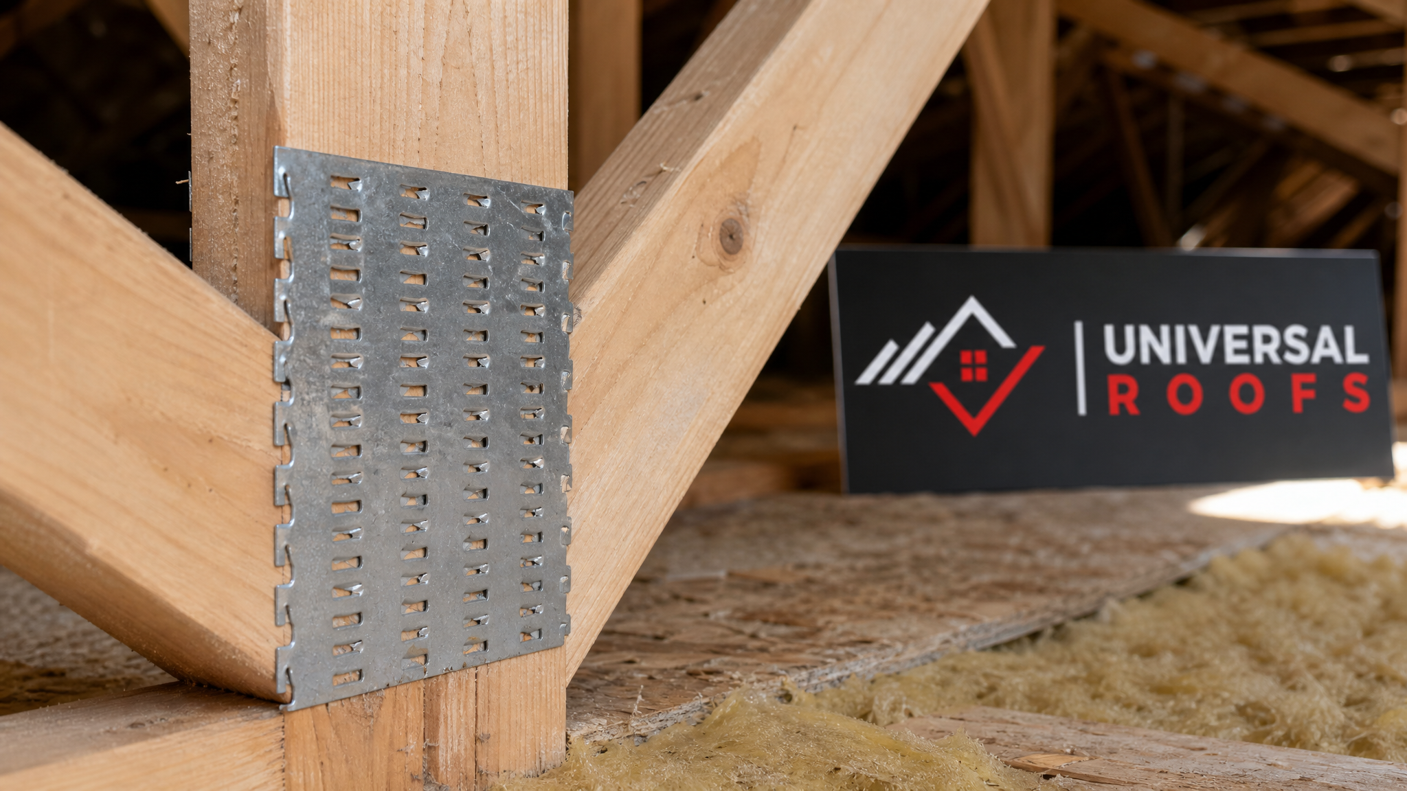 Close-up detail of a metal gusset plate connection on a wood roof truss with visible teeth embedded in the lumber