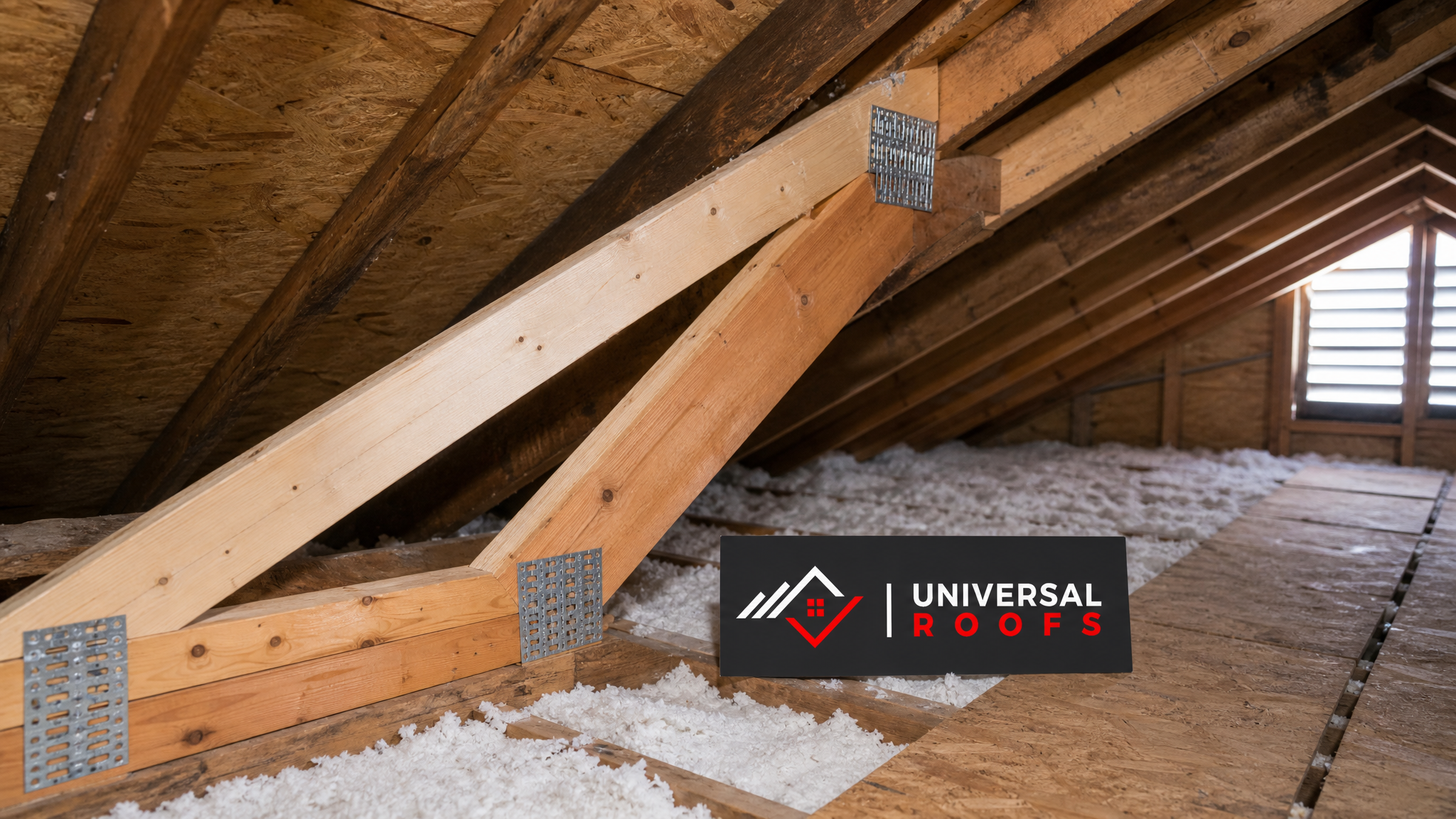 Repaired and reinforced wood roof truss system in a Toronto attic showing sistered lumber and metal gusset plates in daylight