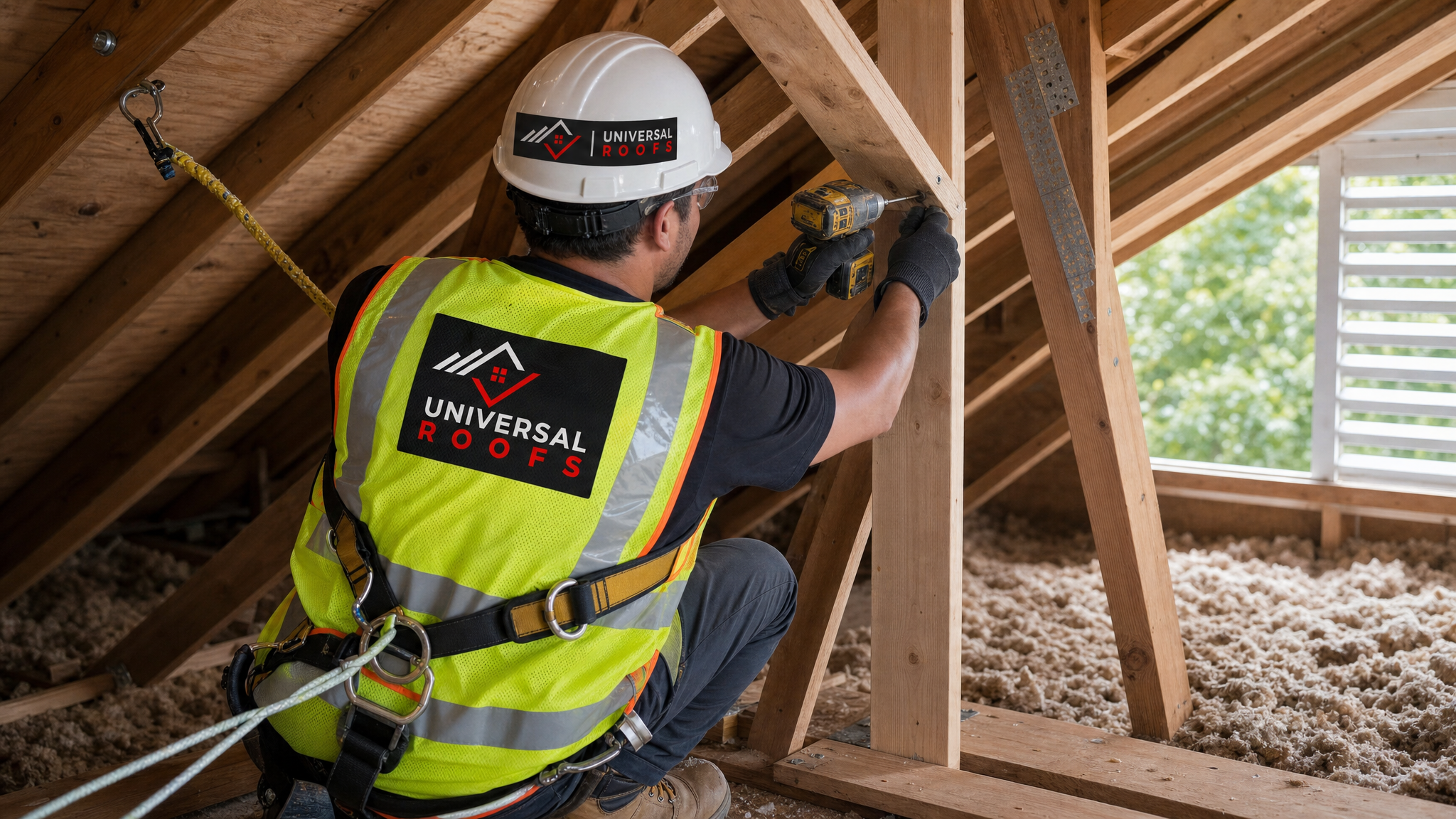 Roofing technician wearing full safety harness sistering a wood roof truss member with construction adhesive and structural screws