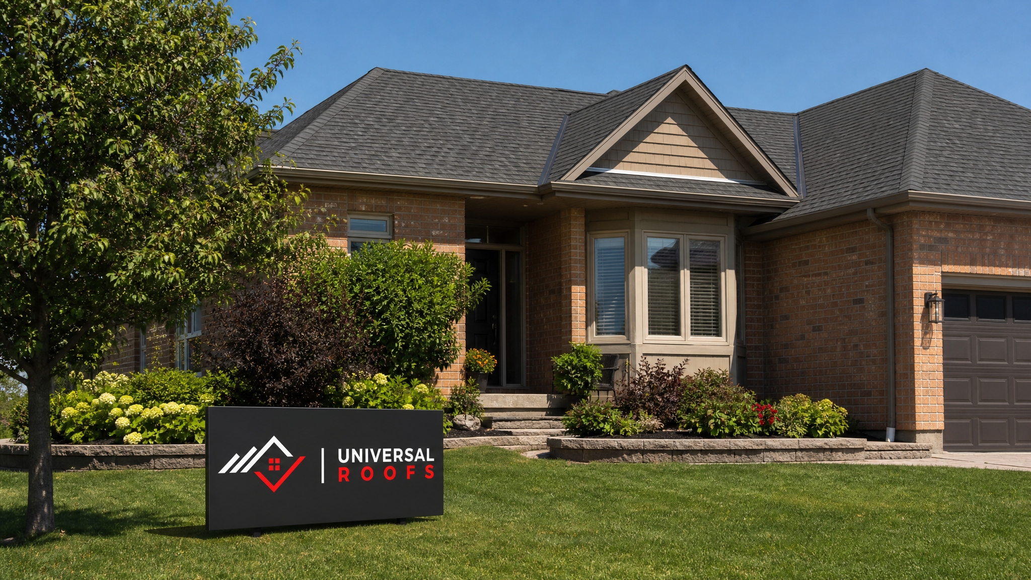 A well maintained low maintenance asphalt shingle roof on a Toronto area home in summer daylight with a Universal Roofs branded sign placard resting nearby