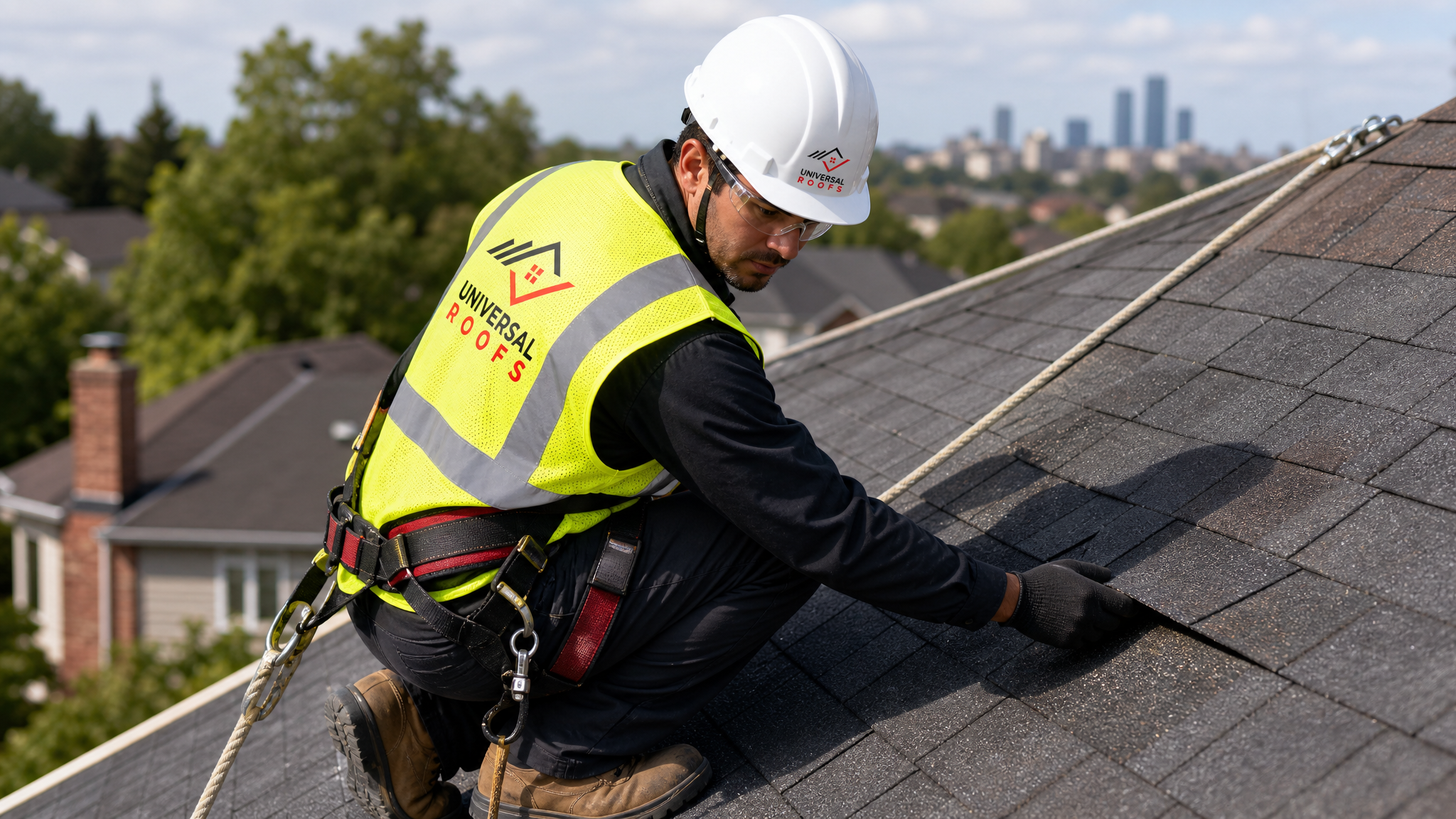 A roofing technician wearing full safety gear including hard hat, hi-vis vest, harness and safety rope inspecting shingles on a sloped roof in Toronto