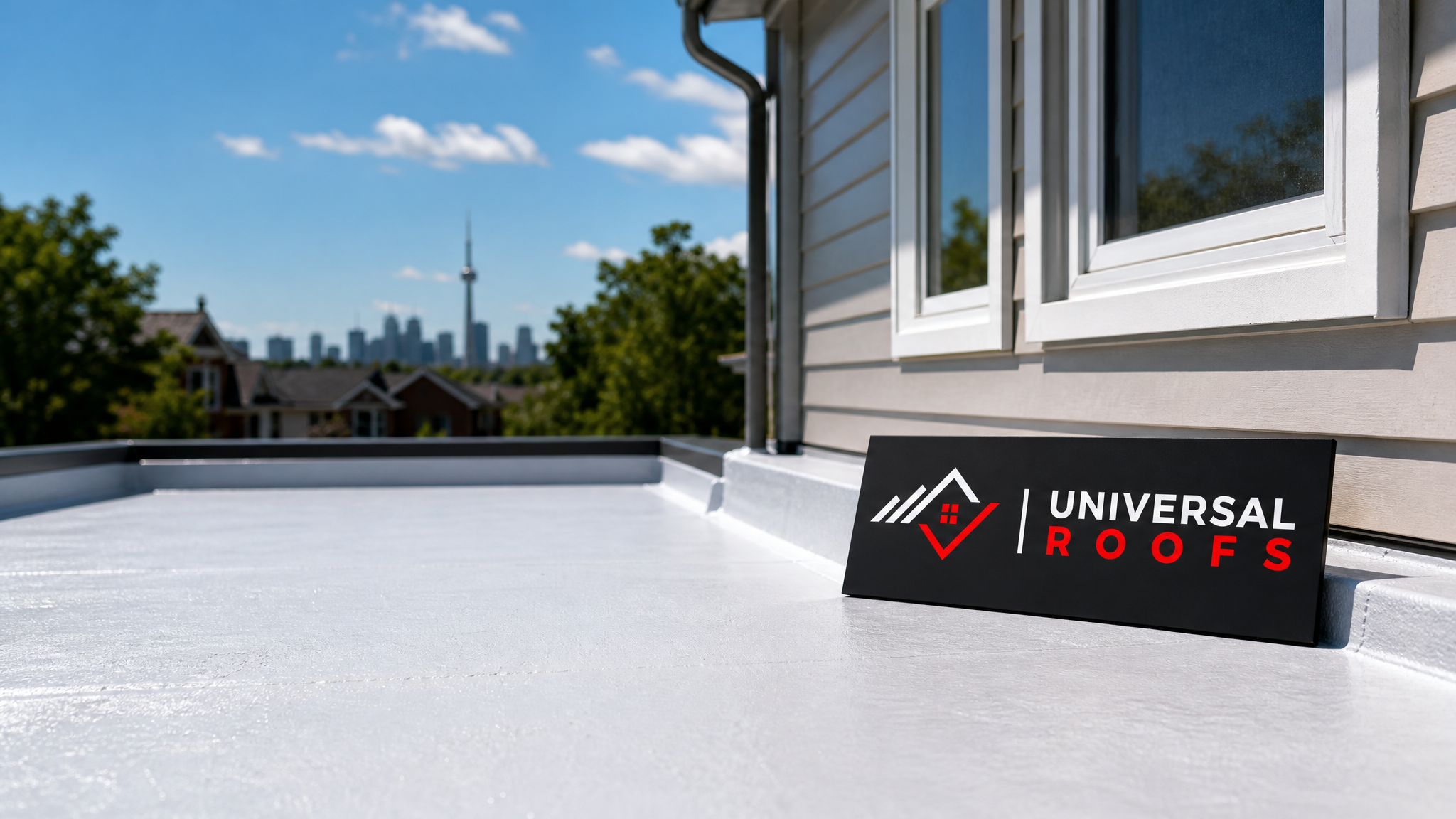 Freshly sealed residential roof in Toronto with reflective coating finish and Universal Roofs branded sign placard nearby on a sunny summer day