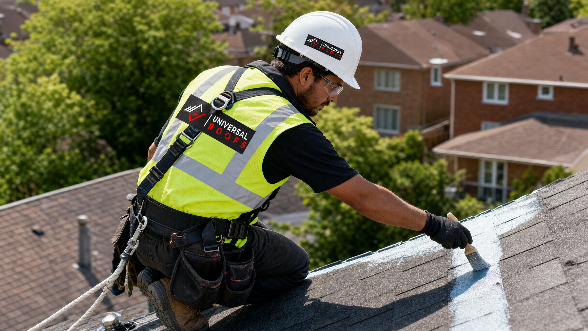 Roofing technician wearing full safety harness applying reflective eco friendly sealant to a Toronto residential roof seam in summer daylight