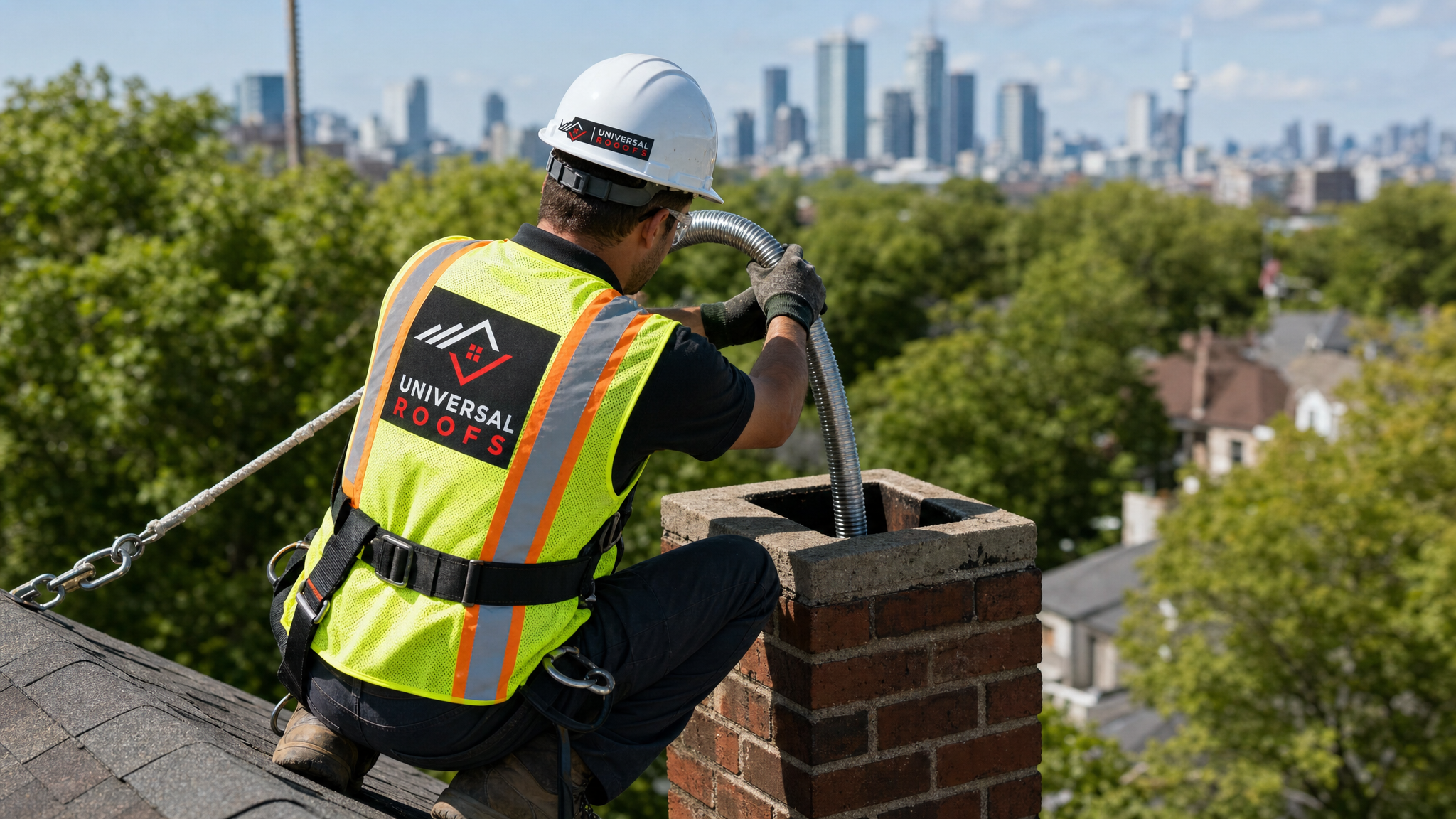 Roofing technician in full safety harness, hard hat and hi-vis vest inserting a stainless steel chimney liner from the rooftop of a Toronto home in daylight