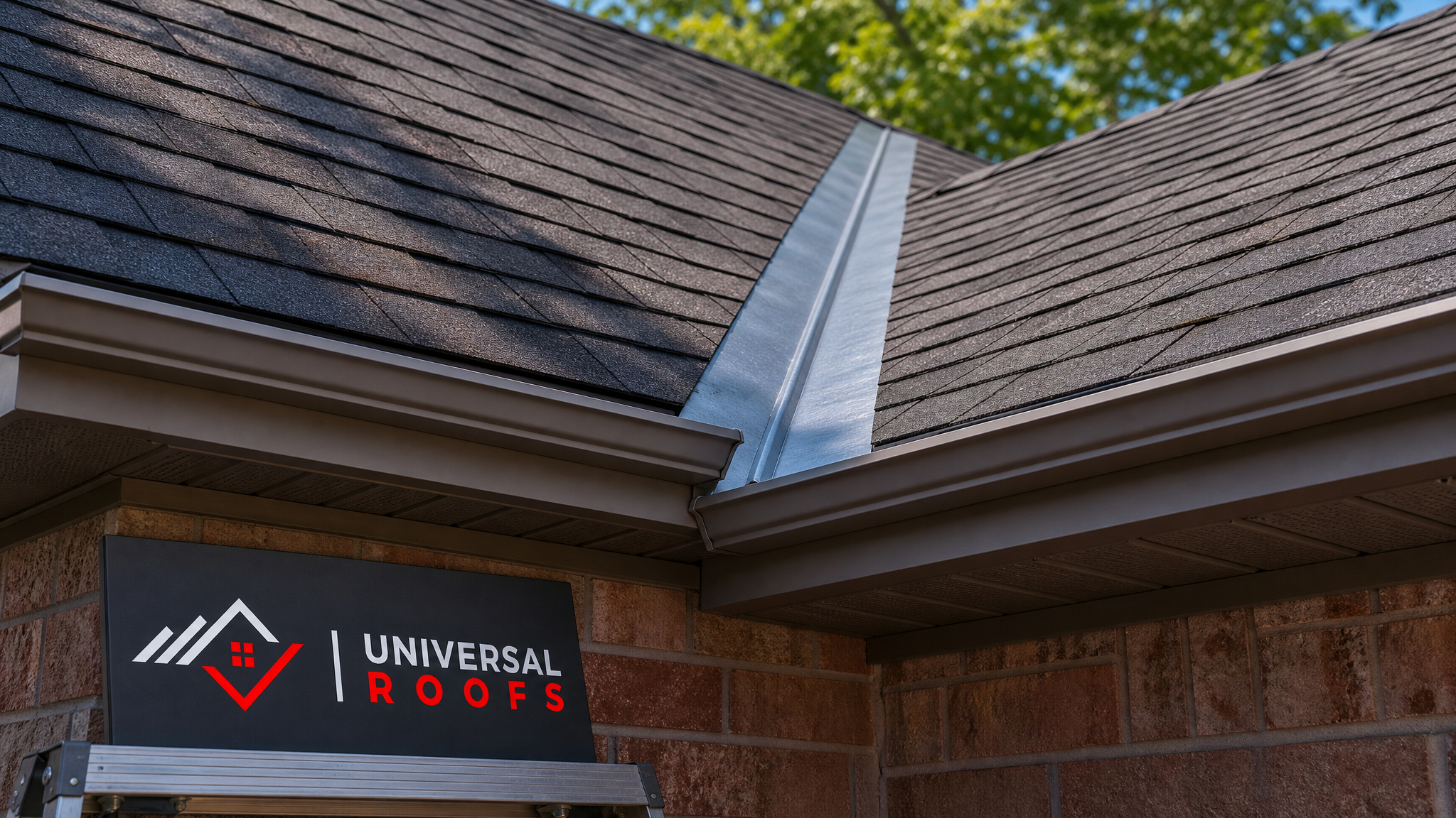 A finished open metal valley flashing on a Toronto home roof, clean galvanized steel channel between two shingle slopes, summer daylight
