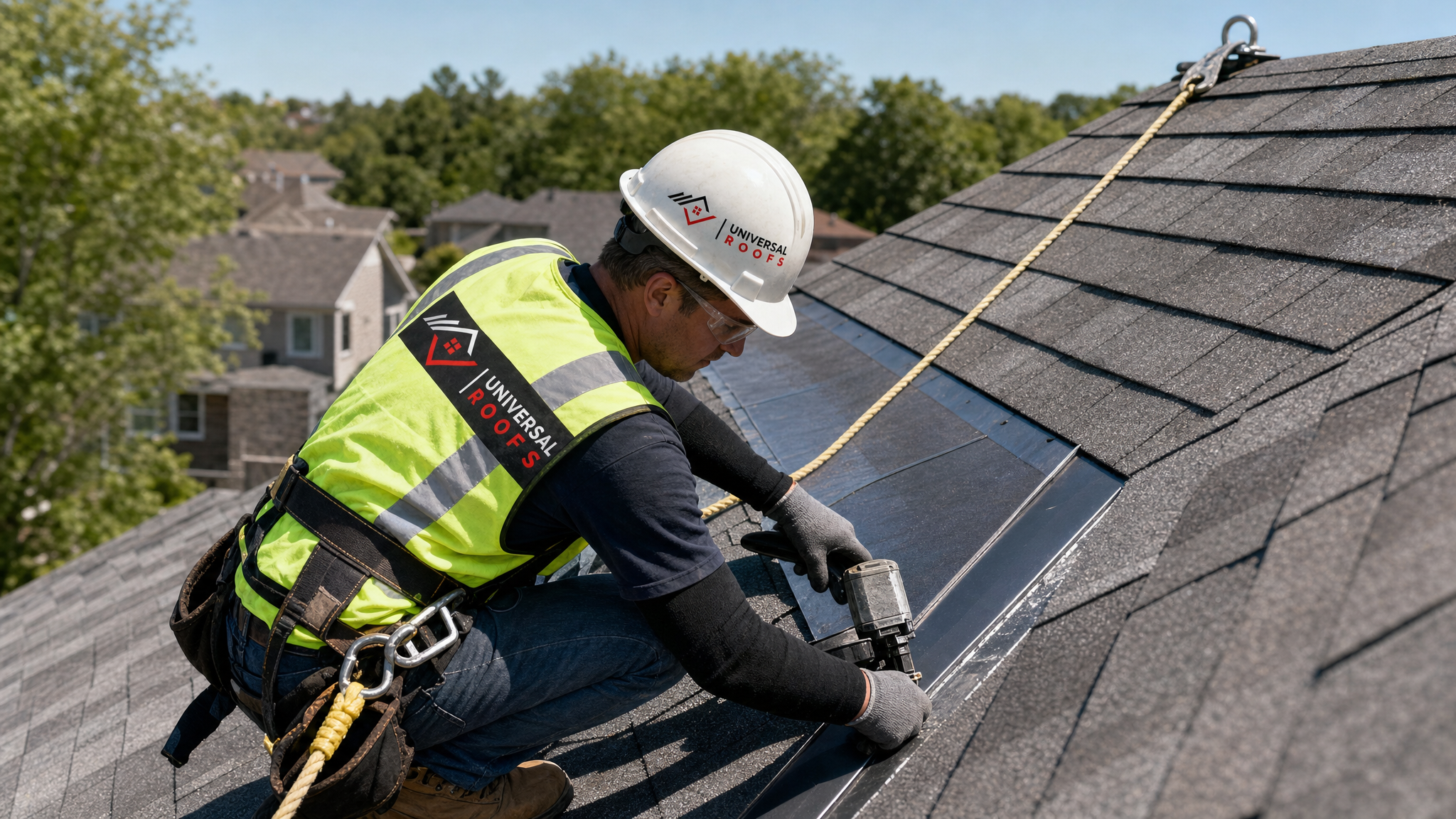 Roofer wearing hard hat, hi-vis vest, safety glasses, gloves, harness and safety rope installing metal valley flashing on a steep residential roof in daylight