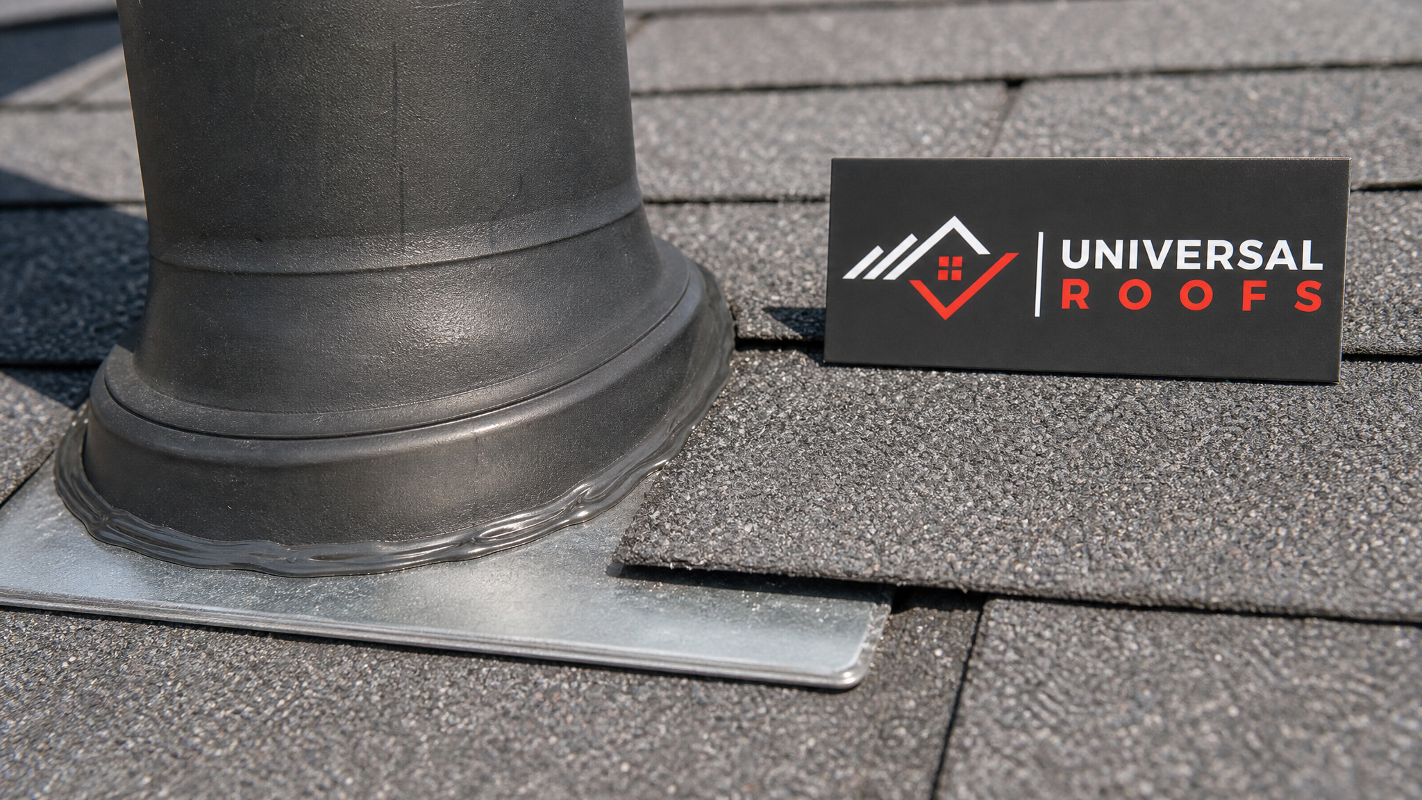 Close-up detail of a silicone bathroom vent boot collar and galvanized metal flashing base correctly layered under asphalt shingles