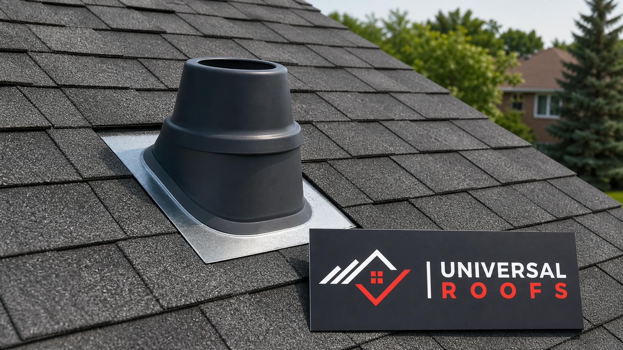 Correctly flashed bathroom exhaust vent on an asphalt shingle roof in Toronto with clean metal flashing and sealed shingle courses