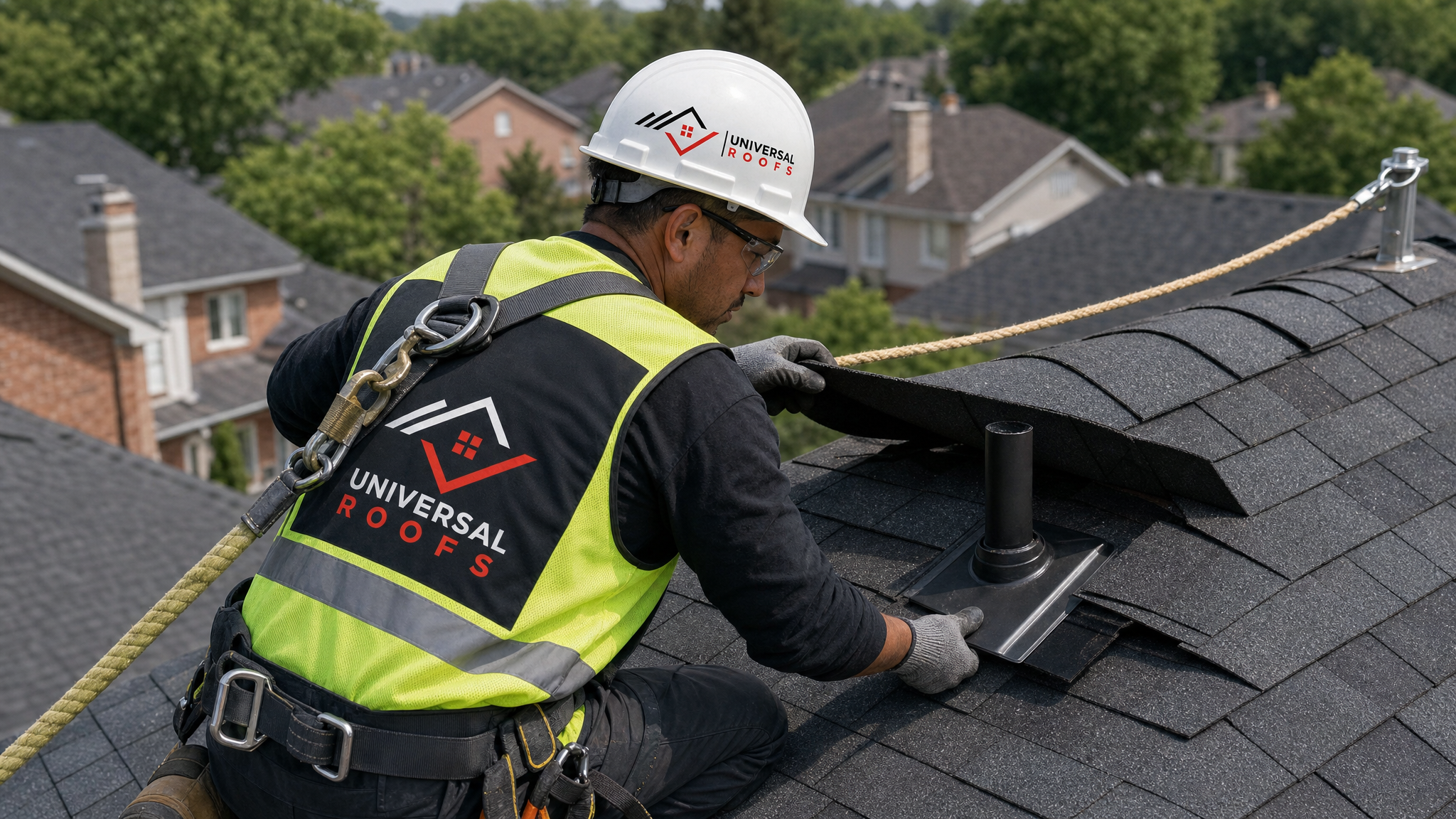 Roofer wearing full safety harness carefully lifting a shingle course to slide bathroom vent flashing into the correct layered position on a sloped roof