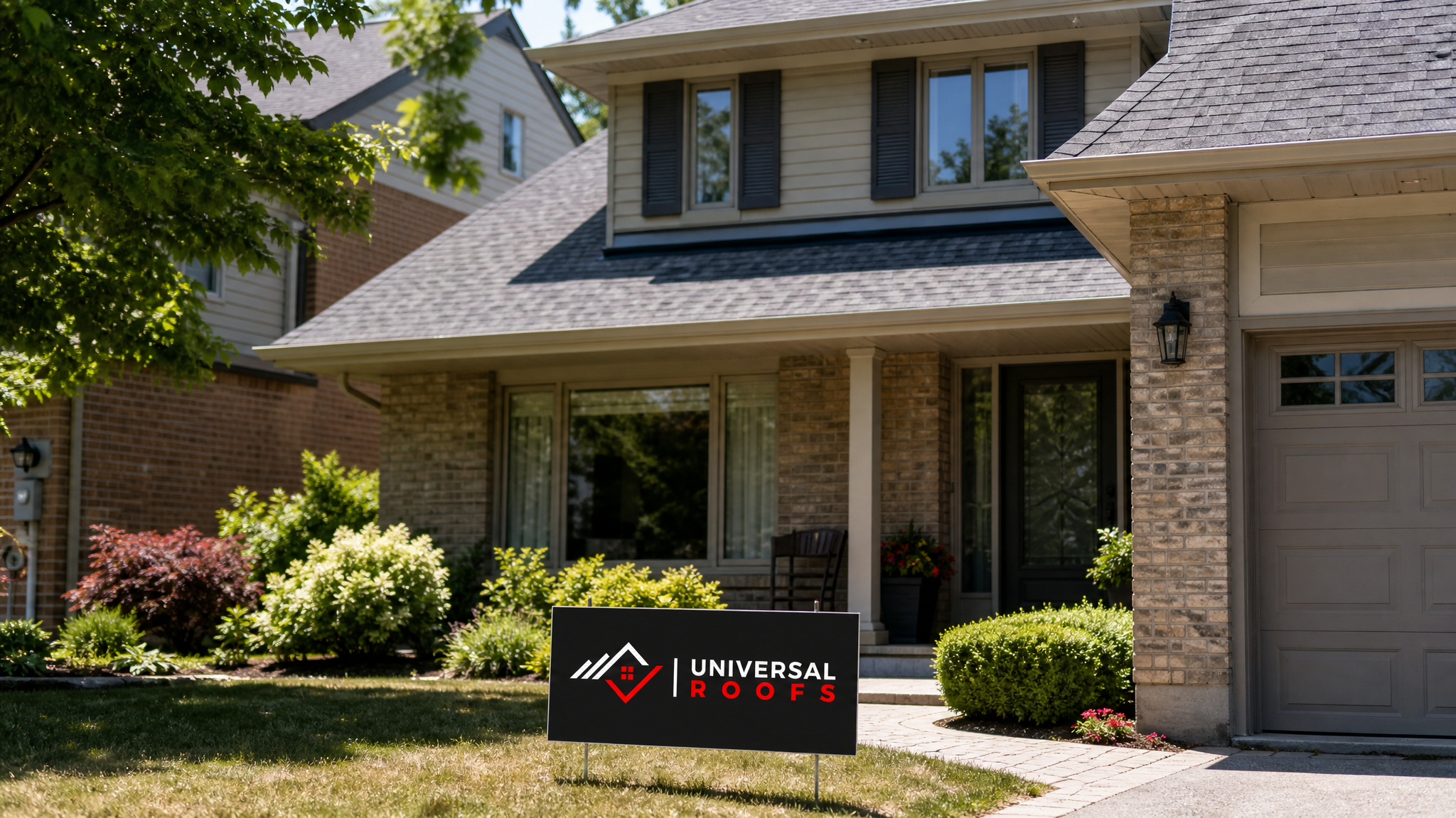 A well-maintained asphalt shingle roof on a Toronto home in summer daylight with a Universal Roofs branded sign placard resting on the lawn