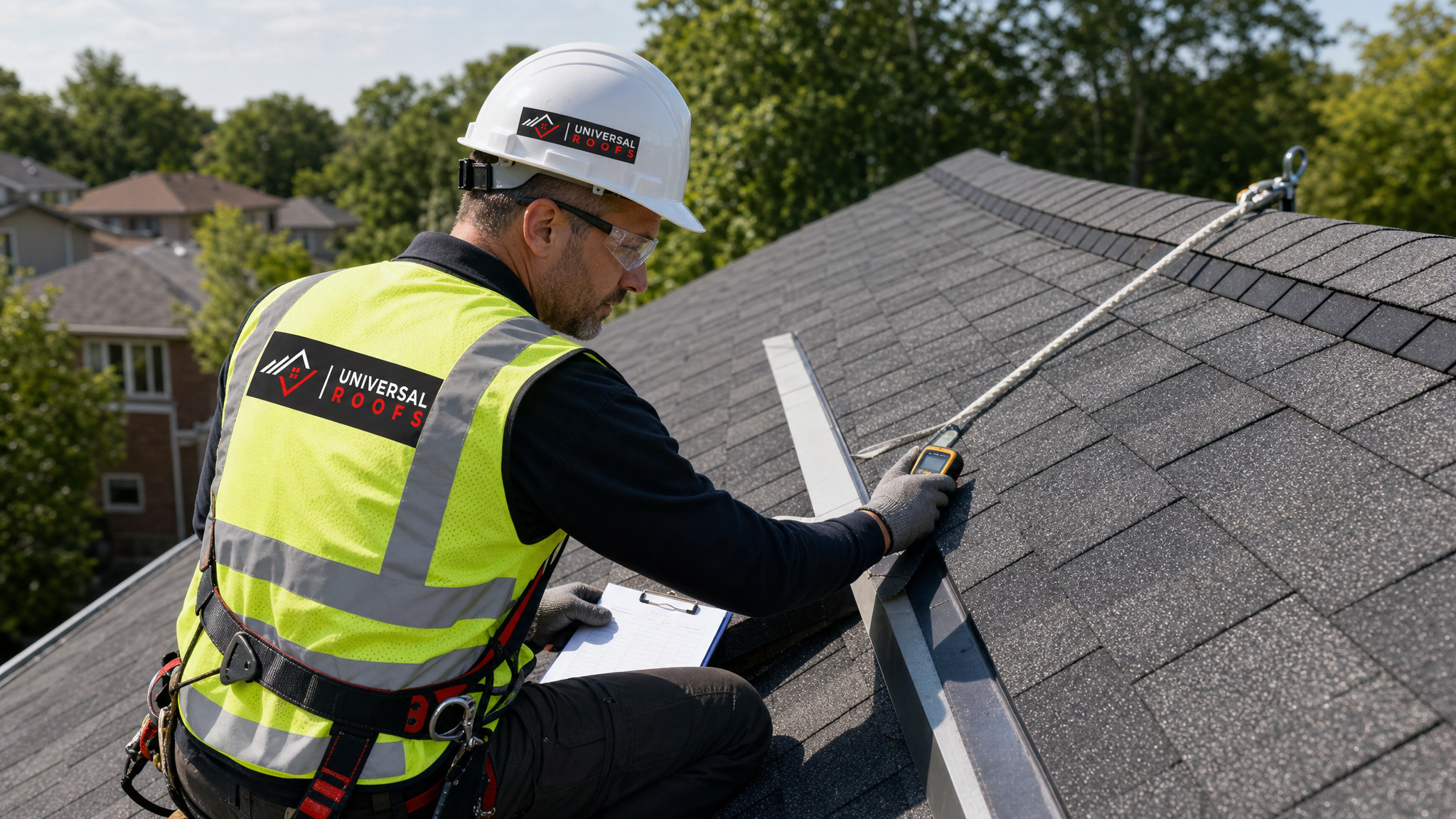 A roofing technician performing a scheduled roof inspection on a sloped shingle roof, wearing full safety gear including a fall-protection harness