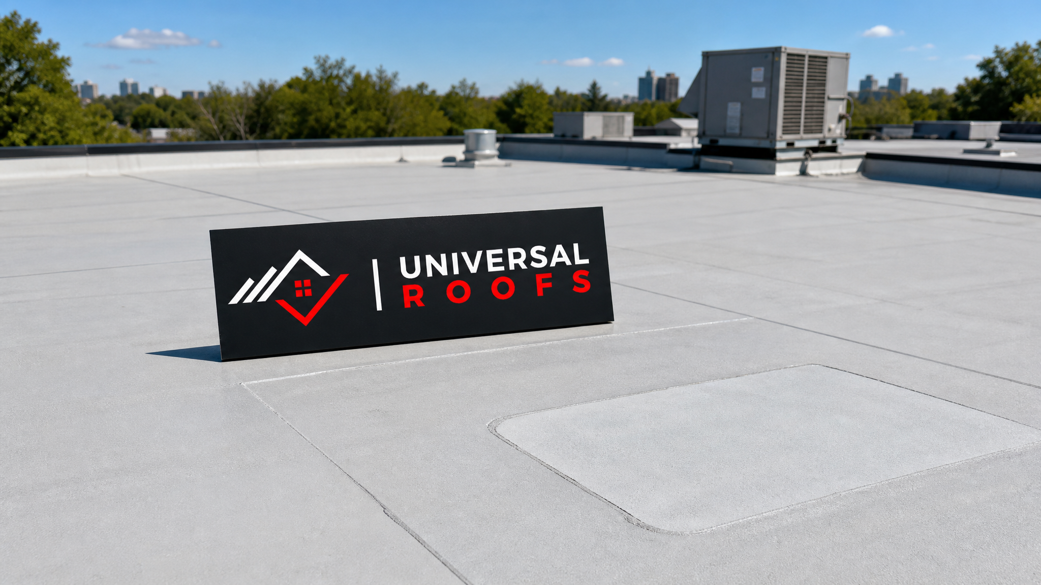 Repaired commercial flat roof membrane in Toronto after hail damage restoration with branded sign placard