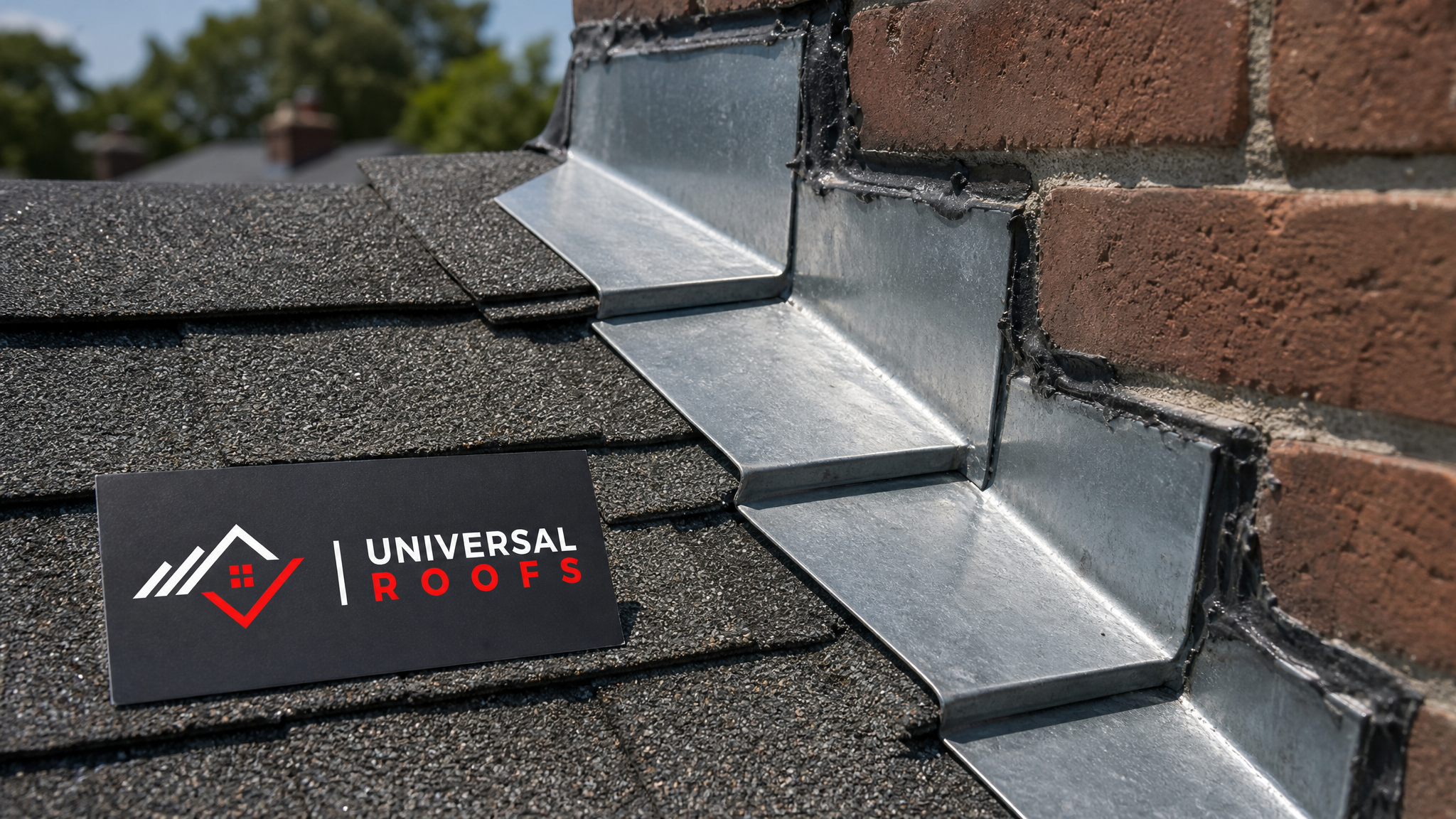 Close-up of new step flashing pieces interwoven with asphalt shingles and sealed with roofing cement