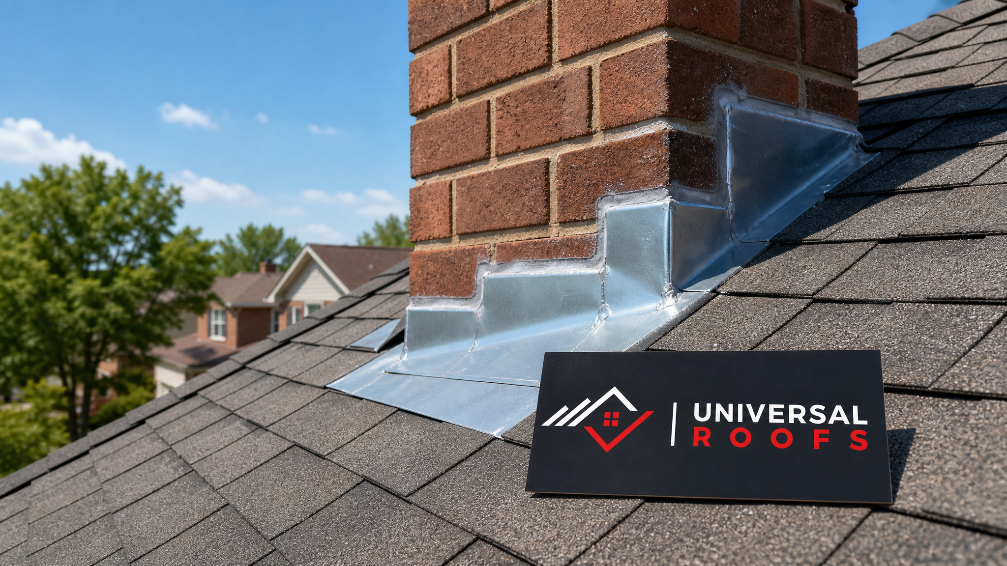 Freshly repaired roof flashing around a brick chimney on a Toronto home in summer daylight