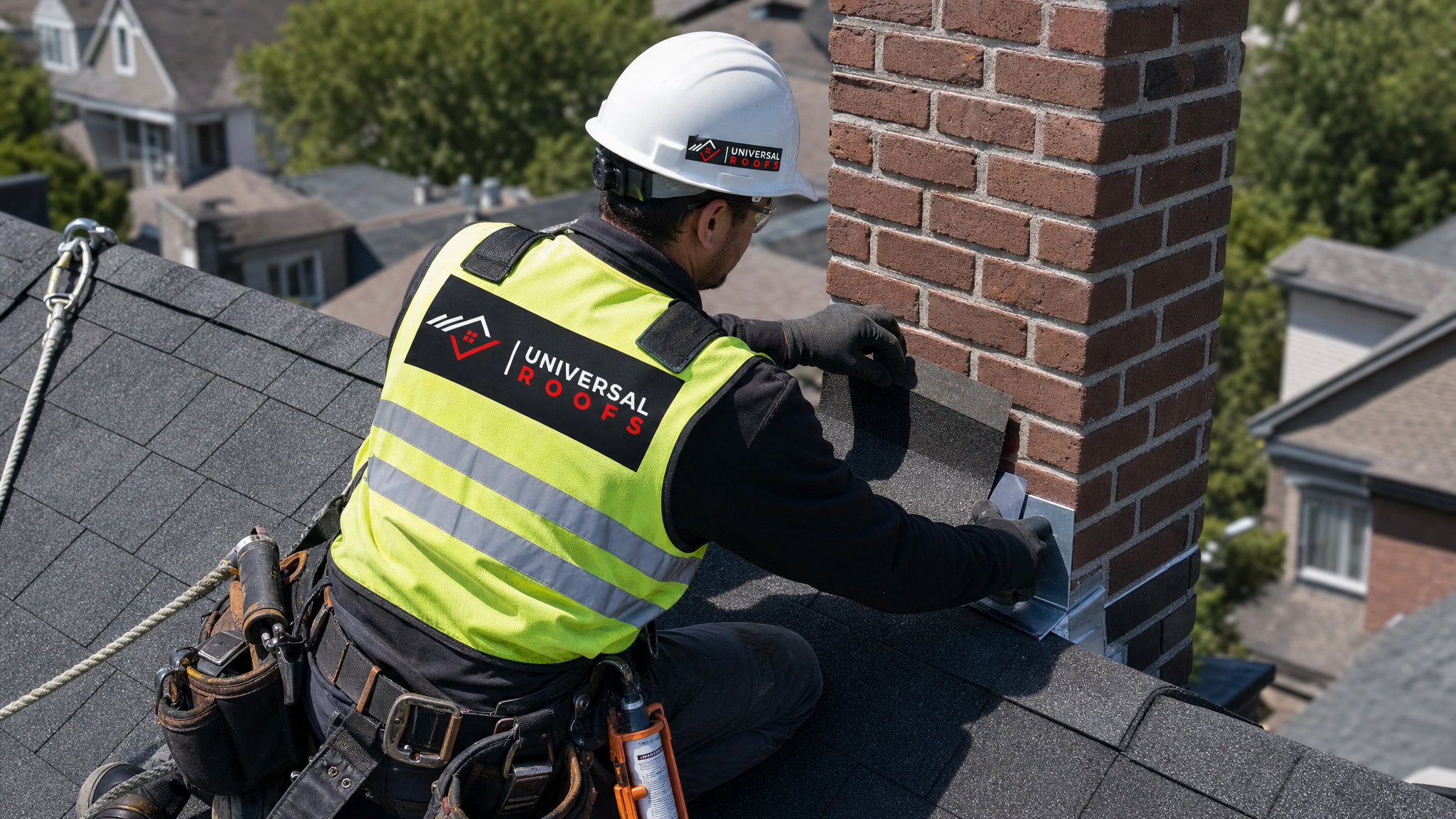 Roofer wearing full safety gear repairing step flashing beside a chimney on a sloped roof