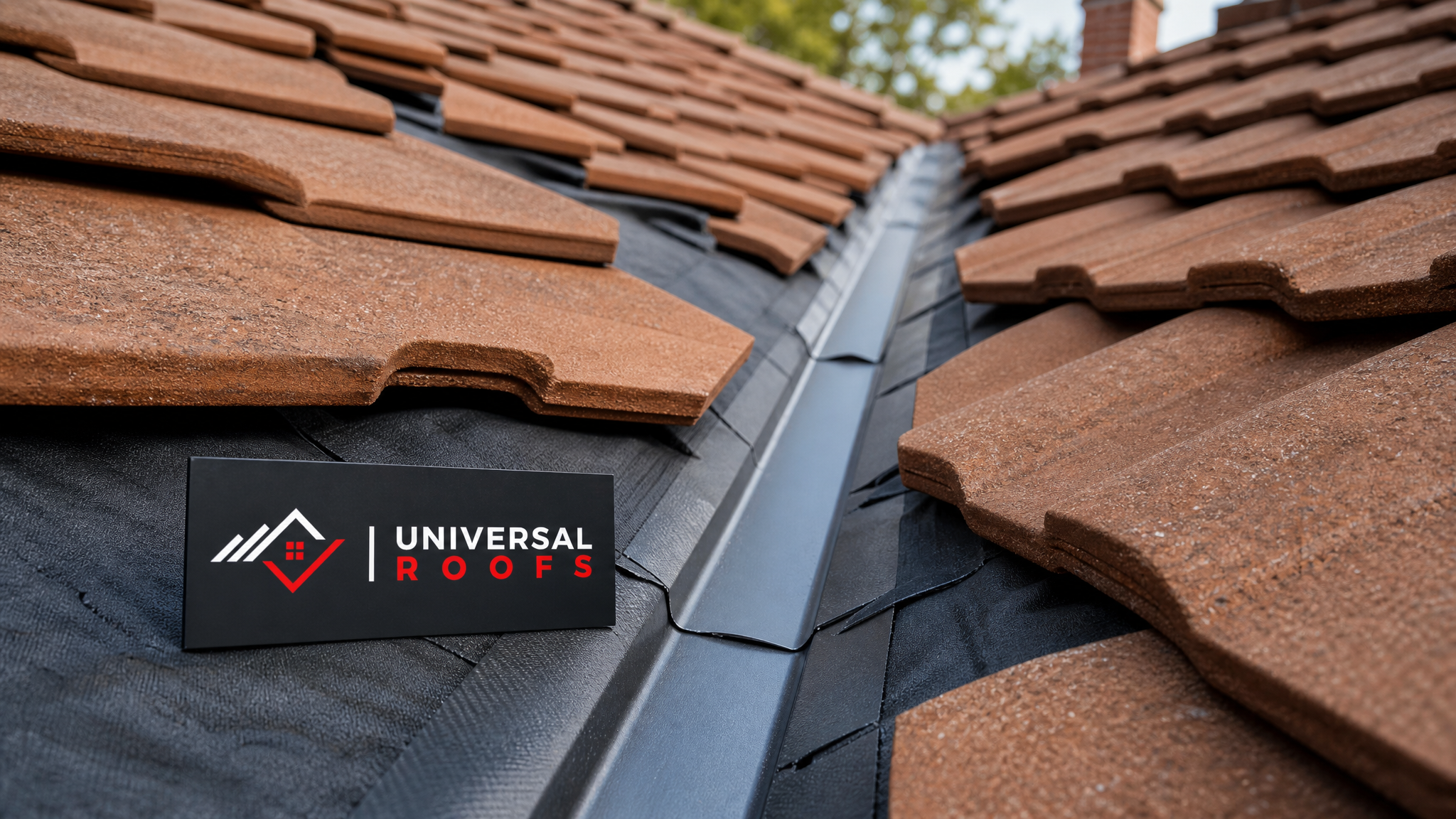Close-up of tile roof valley and underlayment detail showing proper drainage after ponding repair