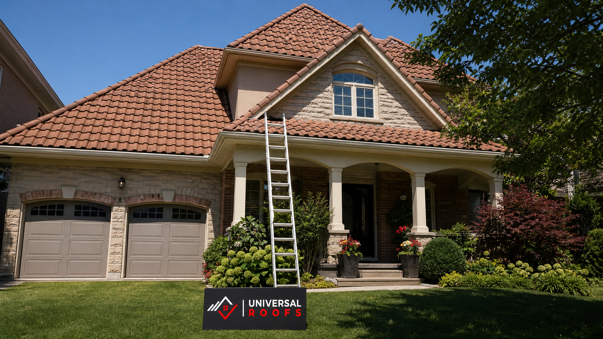 Dry, well-drained tile roof after ponding repair on a Toronto area home in summer daylight