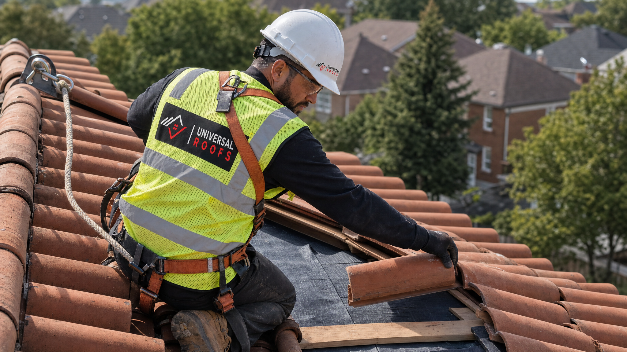 Roofer in full safety harness repairing tile roof underlayment to fix water ponding on a Toronto home