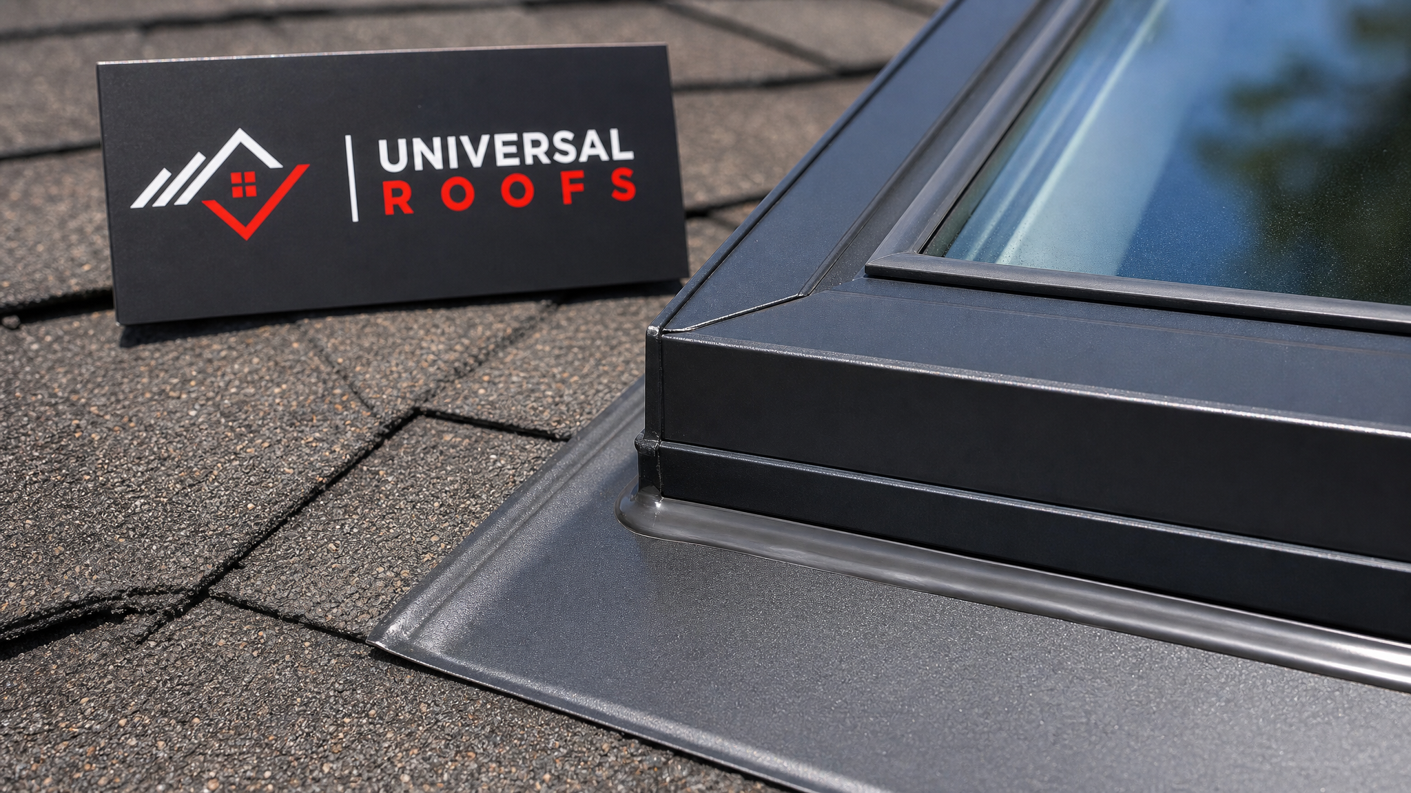 Close-up of new roofing sealant bead and metal flashing detail around a skylight frame edge on a Toronto roof