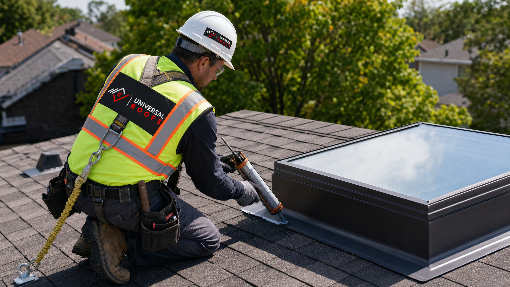 Roofing technician wearing full safety harness and PPE applying sealant around a skylight curb on a residential Toronto roof