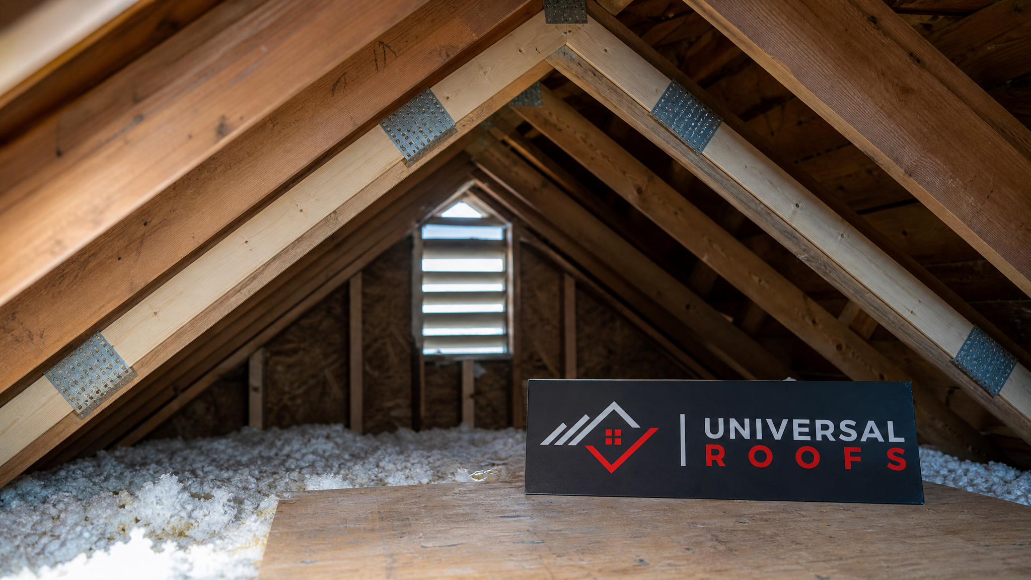 Repaired roof truss system visible in a clean, well-lit Toronto attic with a Universal Roofs branded sign placard resting nearby