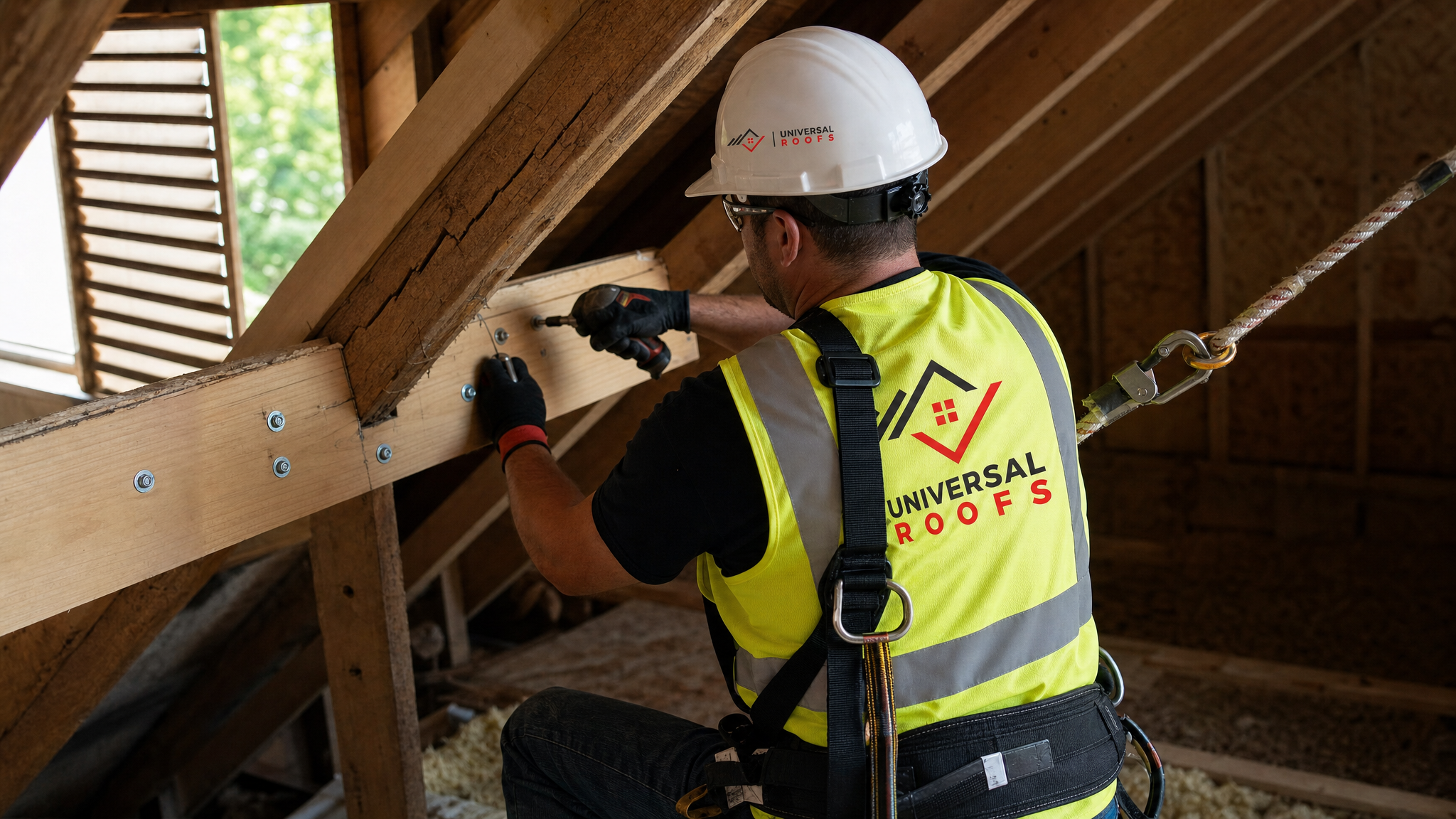 Roofer wearing full safety harness and PPE installing a sistered reinforcement board on a damaged roof truss in a Toronto attic