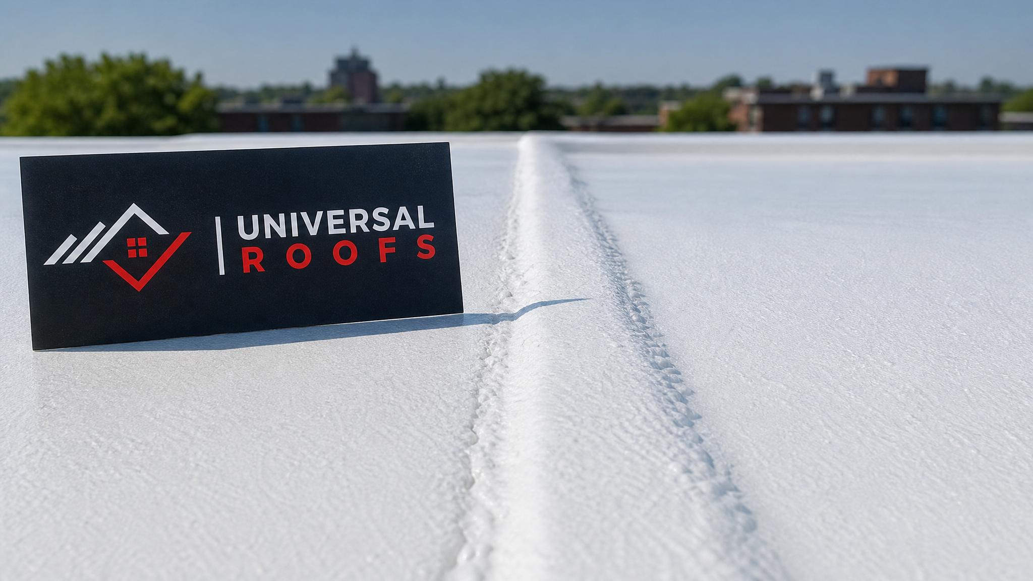 Close-up of white silicone reflective roof coating texture on a flat roof membrane seam with a Universal Roofs branded sign placard