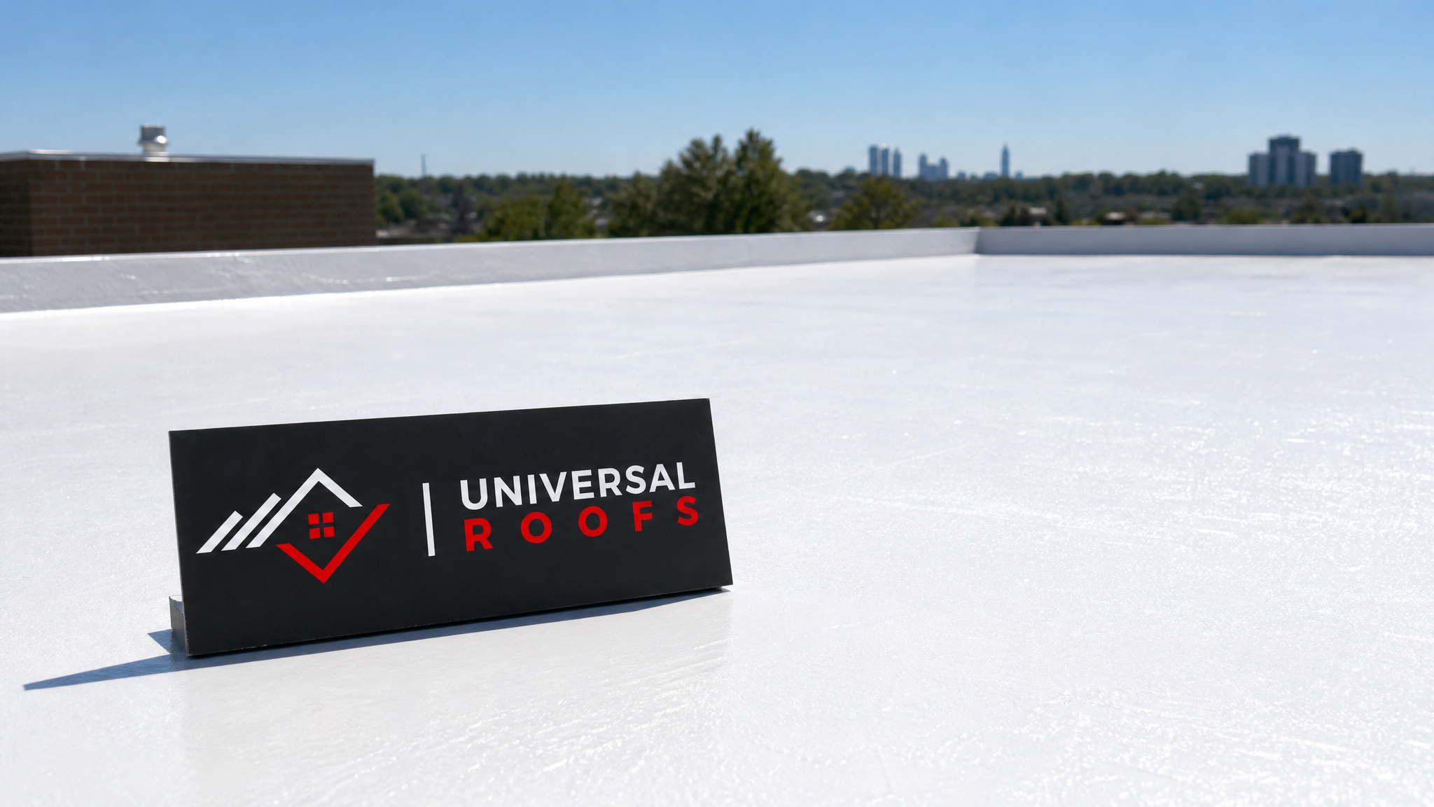 Finished white reflective roof coating on a Toronto flat roof under bright summer sun with a Universal Roofs branded sign placard nearby