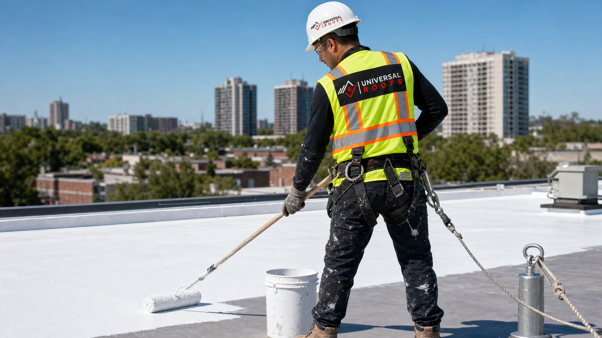 Roofer in full safety harness rolling white reflective coating onto a Toronto flat roof in summer daylight